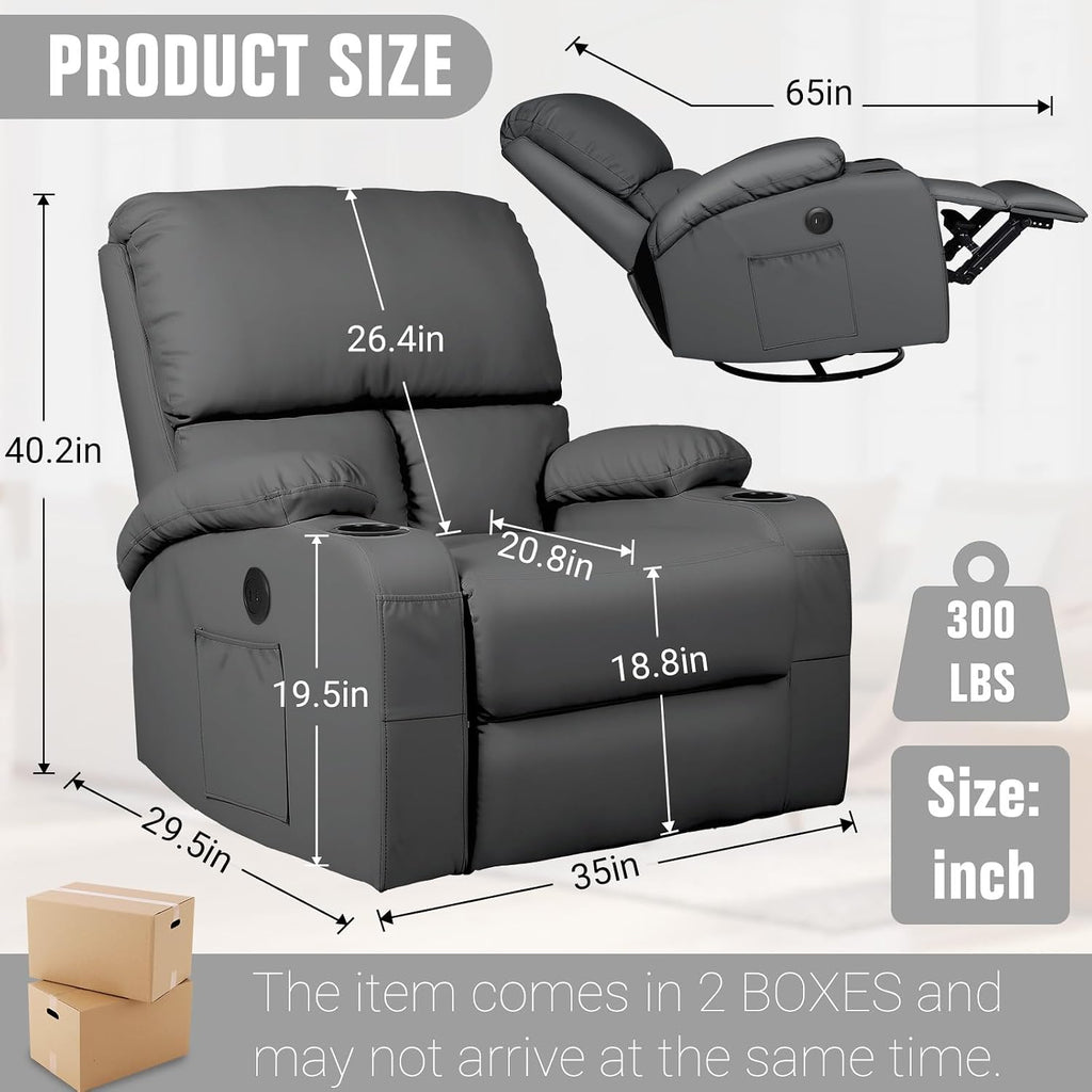 LAFWELL Rocking Recliner Chair, Massage Rocker Recliner Chair with Vibration Massage and Heat, 360° Swivel Faux Leather Chairs, Living Room, Bedroom, Nursery, RV, Dark Gery