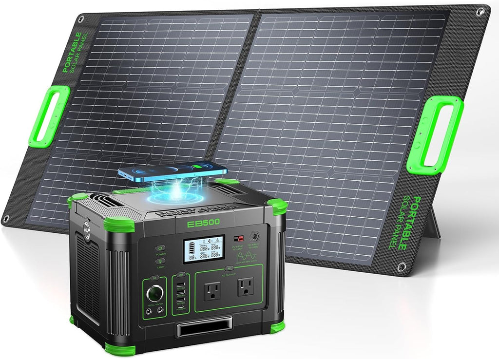 500W Solar Generator with 100W Foldable Solar Panel, Portable Power Station 500W AC Outlet, MC-4 Solar Battery Charger for Home Emergency, Camping, Road Trip, Van