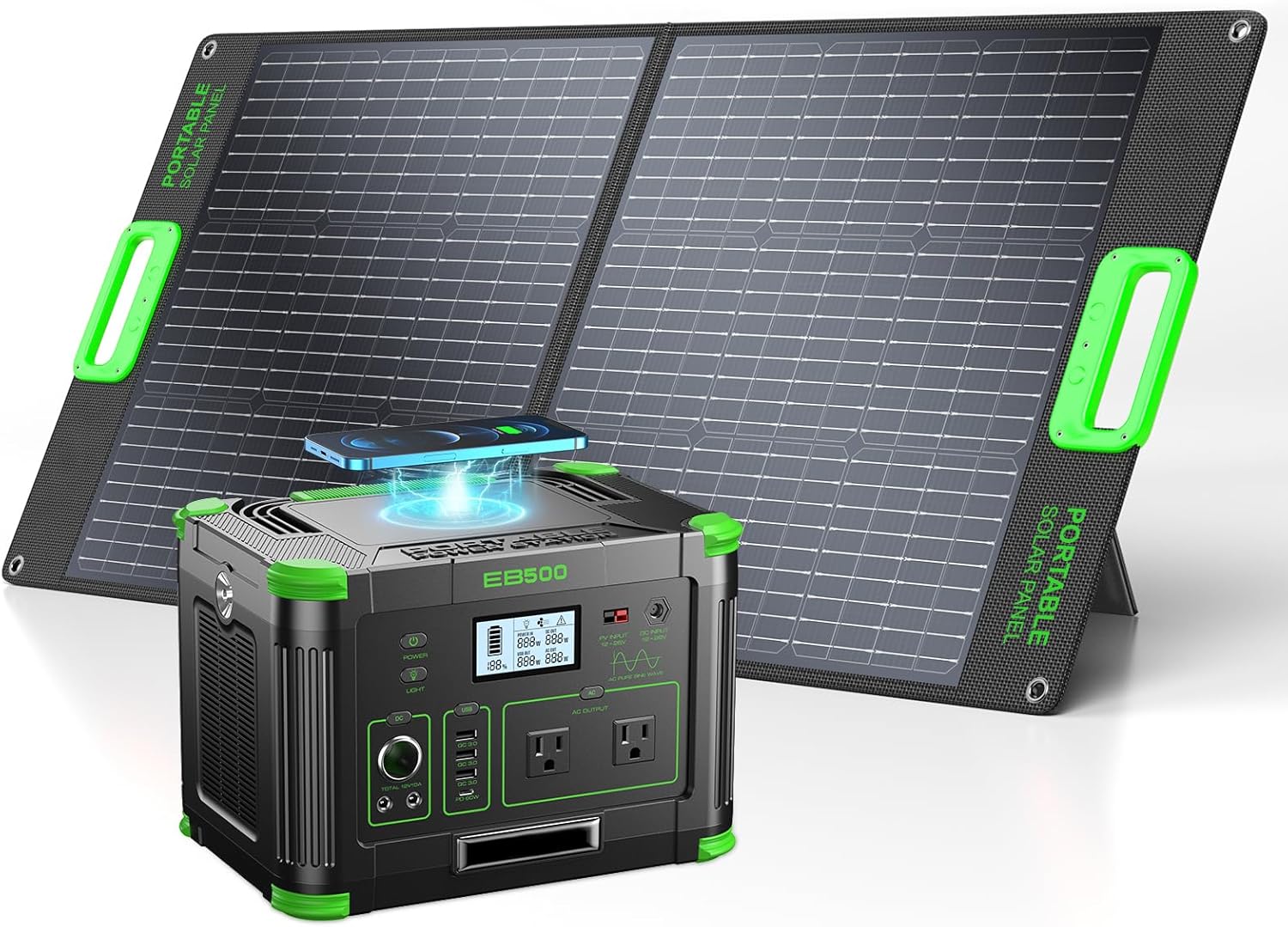 500W Solar Generator with 100W Foldable Solar Panel, Portable Power Station 500W AC Outlet, MC-4 Solar Battery Charger for Home Emergency, Camping, Road Trip, Van