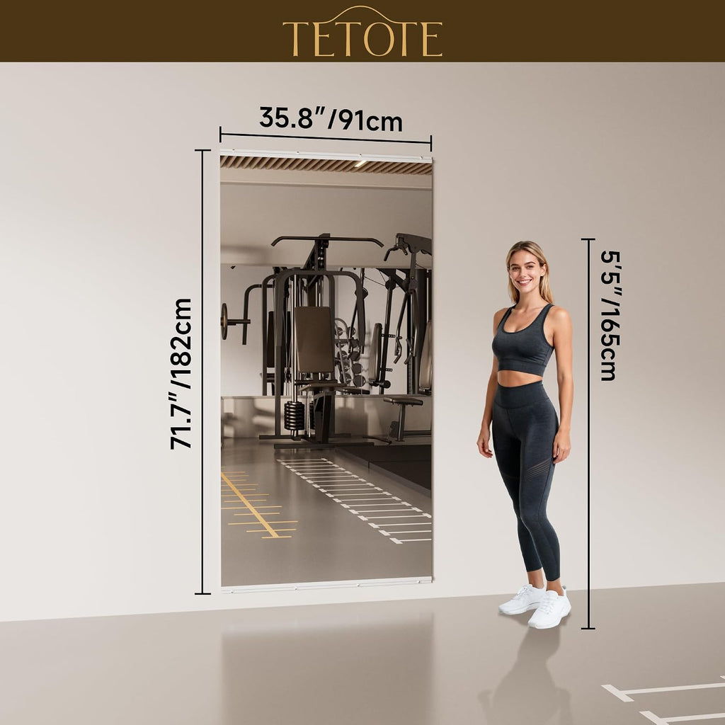 TETOTE Home Gym Mirror 72' x 36' - 1PC Large Tempered Glass Workout Mirrors for Home Gym, Exercise Fitness Wall Mounted Frameless Full Length Mirror for Garage, Dance Studio, Yoga, Living Room