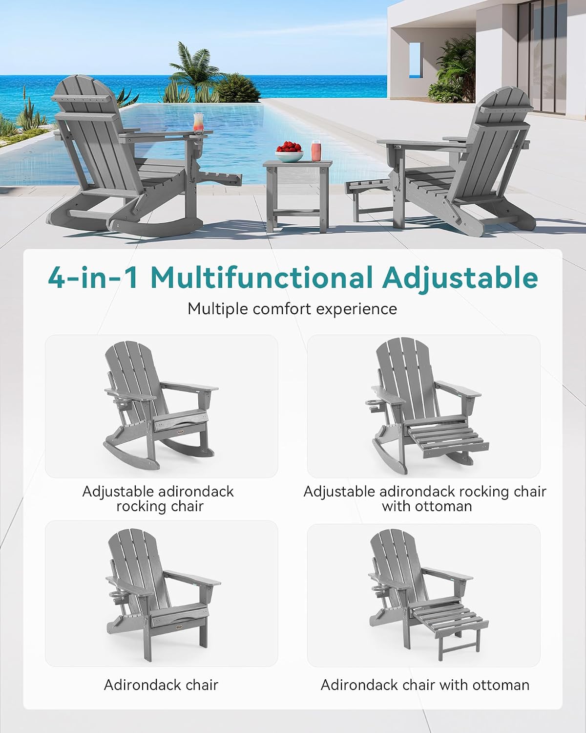 Adjustable Adirondack Rocking Chair with Retractable Ottoman, 4-in-1 Multifunctional Folding Patio Chair with Cup Holder, Outdoor Chair Wood Texture for Lawn, Porch, Backyard, Pool(Grey)