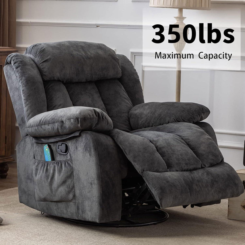 CANMOV Massage Swivel Rocker Recliner Chair with Heat and Vibration,360 Degree Manual Swivel Rocking Recliners with Side Pocket, Comfy Fabric Single Sofa Reclining Chair for Living Room, Grey
