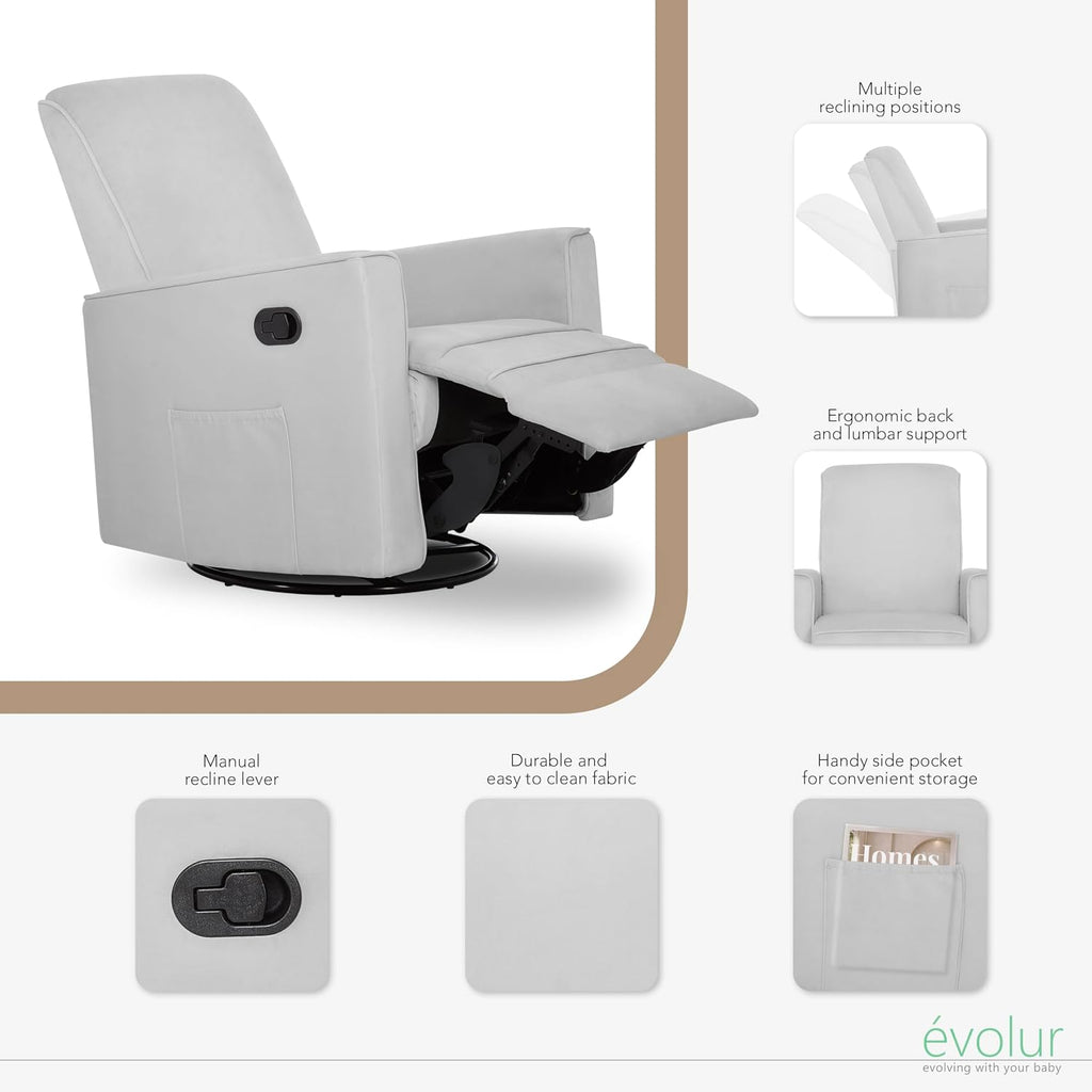 Evolur Raleigh Upholstered Manual Glider Recliner– Rocking & 360° Swivel with Smooth Glide – Greenguard Gold & FSC Certified – Modern Nursery and Living Room Chair in Grey