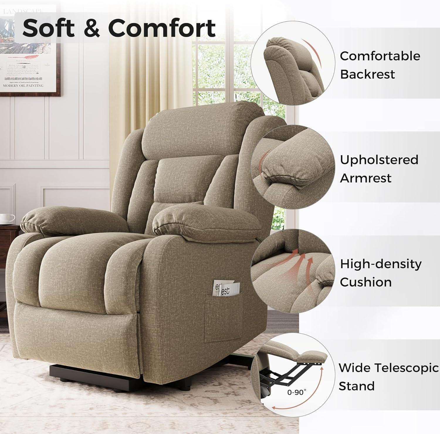Amopatio Lift Recliner Chair for Elderly Upgraded Reclining Chairs Indoor Lounge Chairs Single Sofa with Side Pockets and Remote Control for Living Room Bedroom（Brown）