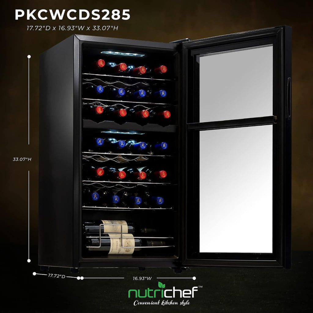 Nutrichef 28 Bottle Wine Fridge | Dual Zone Adjustable Temperature Control 41°F to 64°F | Ultra Quiet Operation | Cooler For Home, & Office | Free-Standing 33x16x17 IN (Black)