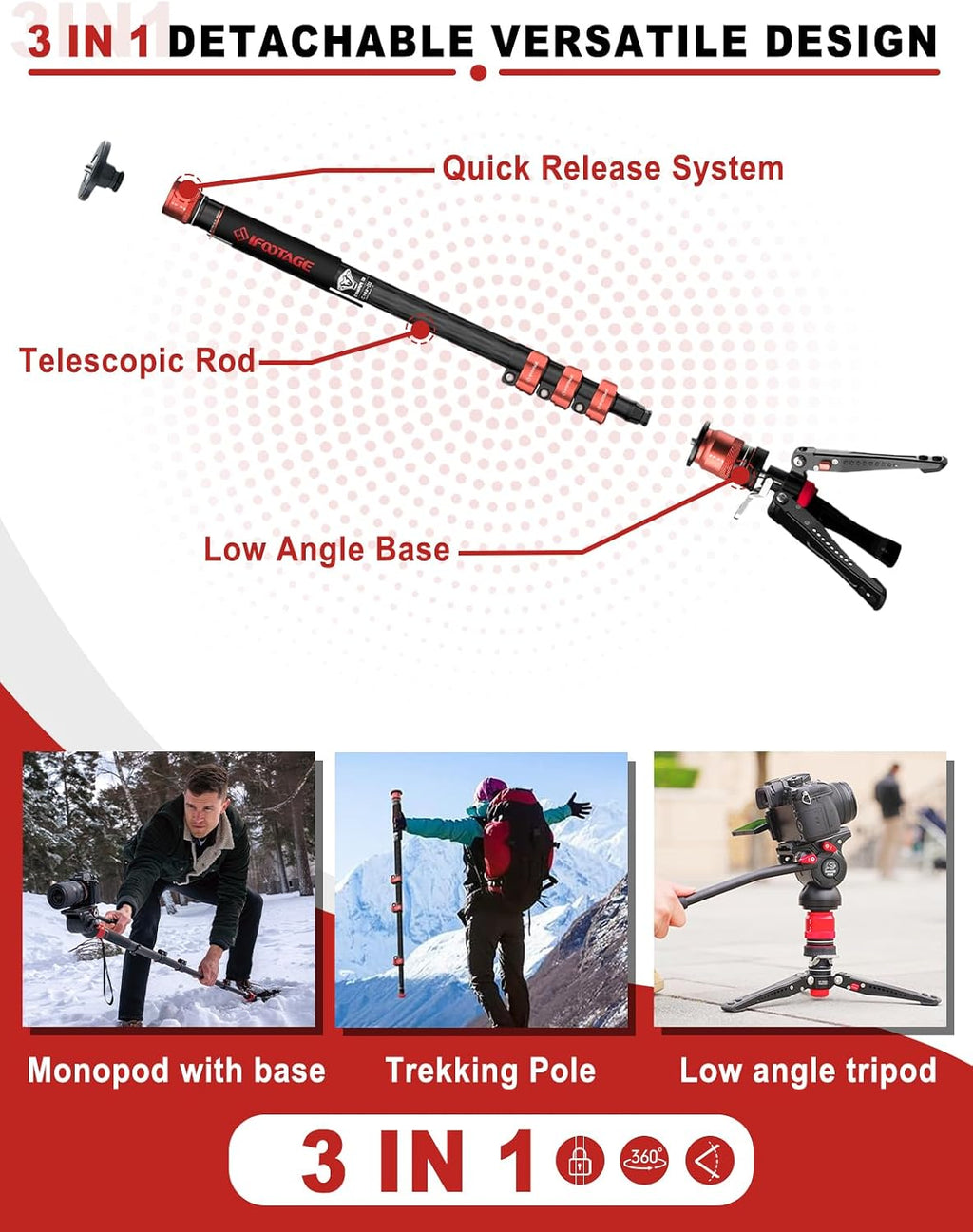IFOOTAGE Monopod Cobra 3 C180F-P+K5S, 71' Monopod for Camera Carbon Fiber Travel Monopod with Feet, 1/4'' & 3/8'' Quick Release Compatible with Sony Canon Nikon DSLR Camera, Payload 17.6Lb