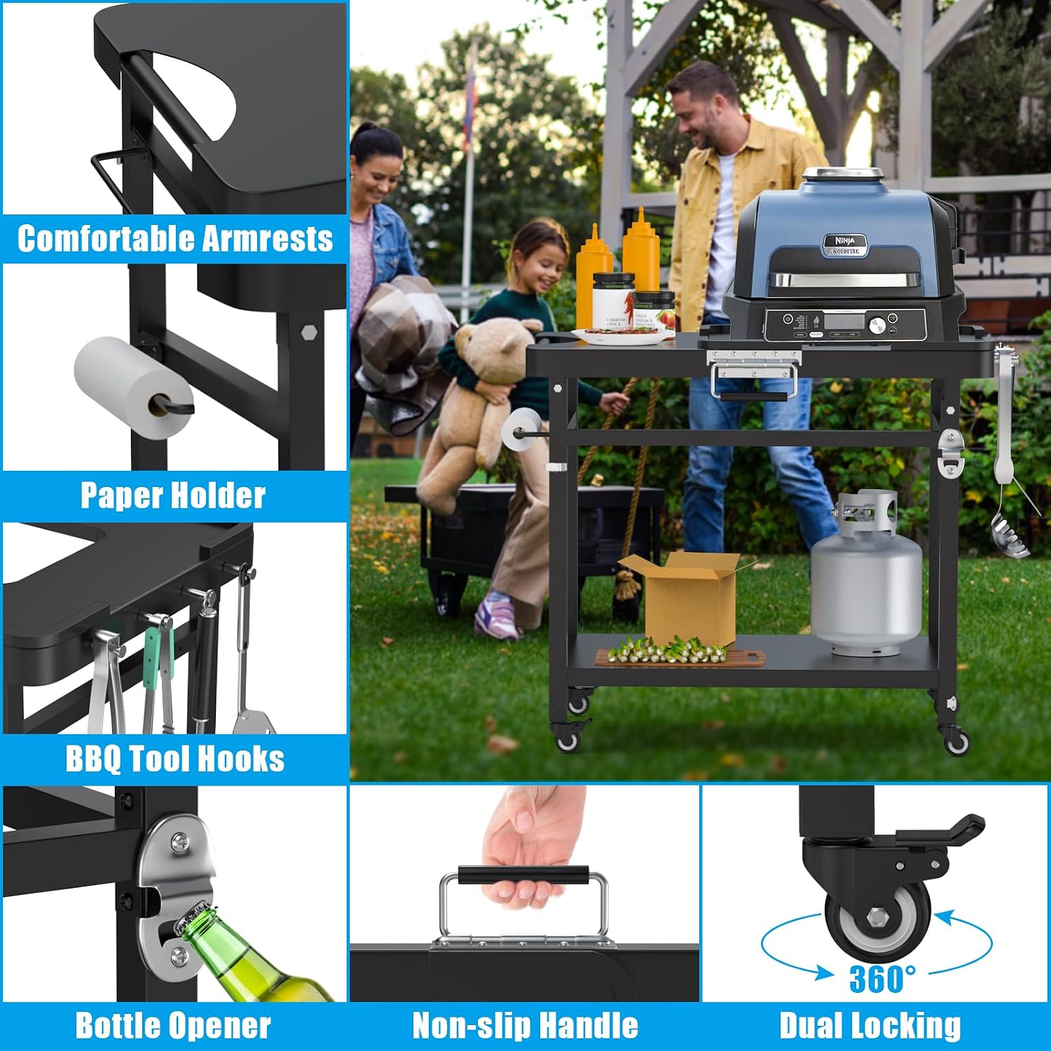 Outspark Grill Stand for Ninja Woodfire Outdoor Portable Prep Cart Table Station for Ninja XSKUNSTAND OG700 OG800 OG900 OO101 Series and Smoker Pizza Oven Accessories with Wheels & Grill Cover