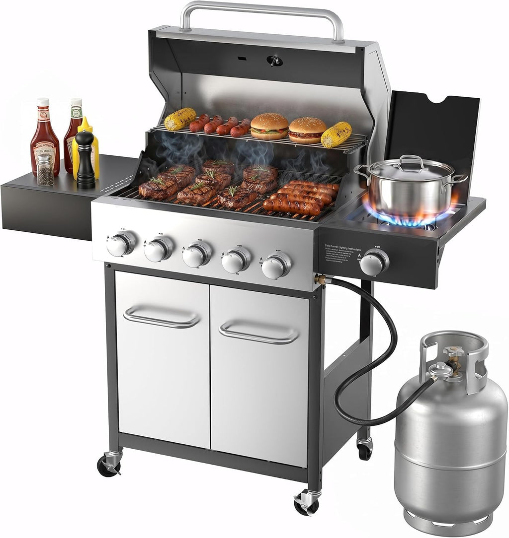 Veralune 5 Burner Gas Grill with Side Burner, Stainless Steel Propane Grill with Porcelain-Enameled Grills, Built-In Thermometer, 68000BTU BBQ Grill for Patio, Backyard, Garden Cooking