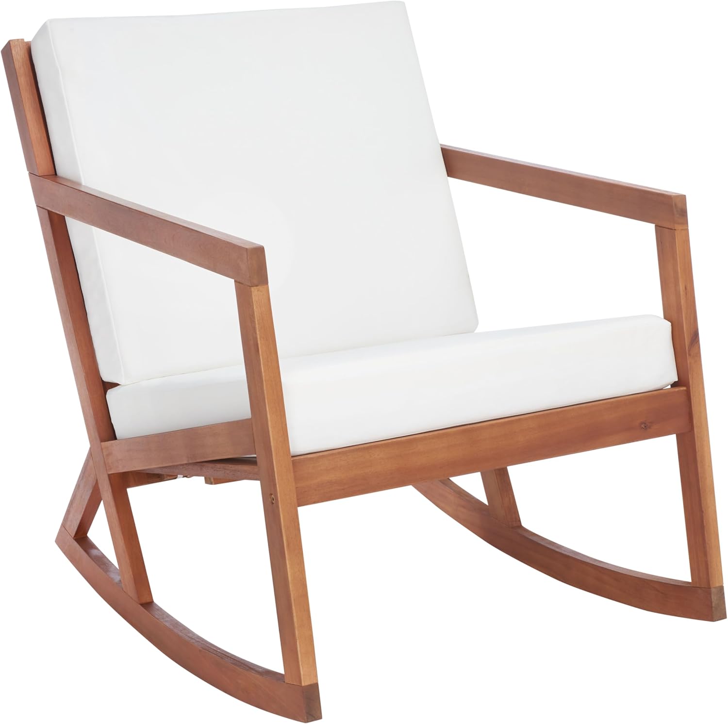 SAFAVIEH Outdoor - Vernon Rocking Chair - Natural & Beige - Solid Wood with Cushion - Shaker-Inspired Slatted Design - Ideal for Patio, Deck, Porch, Backyard, 24.6' Seat Height (PAT7013A)