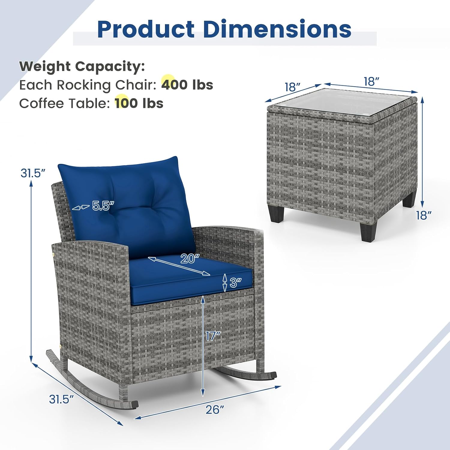 Tangkula 3 Piece Wicker Rocking Set, Patio Rattan Roker Chairs with Tempered Glass Table & Soft Cushions, Outdoor Furniture Set for Backyard, Poolside Porch (Mix Gray & Navy)