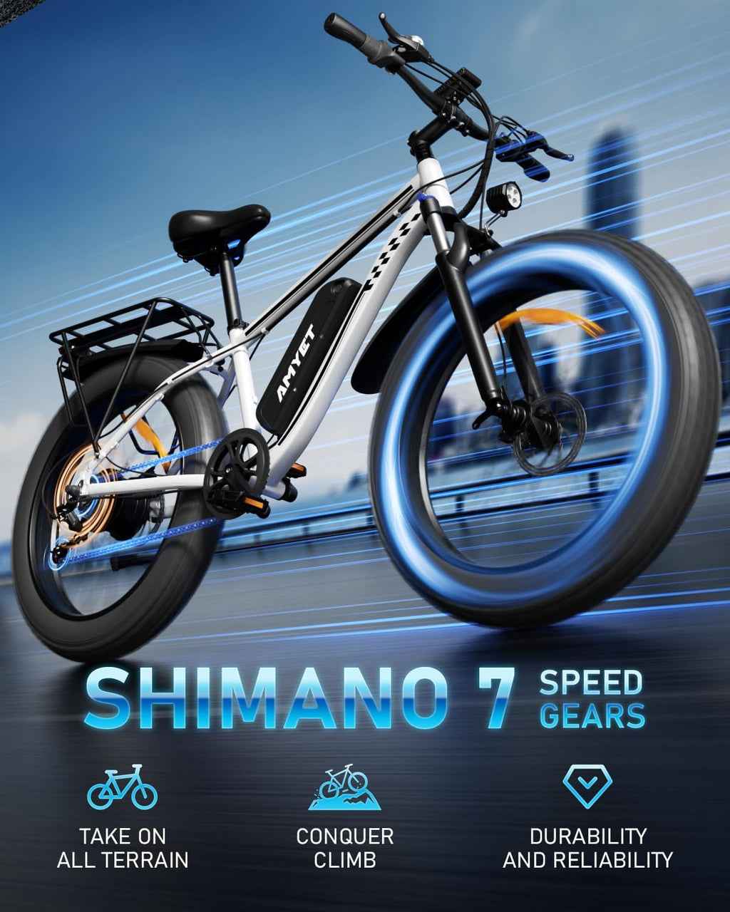 AMYET EB26 Electric Bike for Adults Peak 1500W Electric Bicycle 48V 15AH (720WH) Battery Electric Bike 26' Fat Tire Mountain 28mph 7 Speed Gears Ebike with UL 2849 Certified