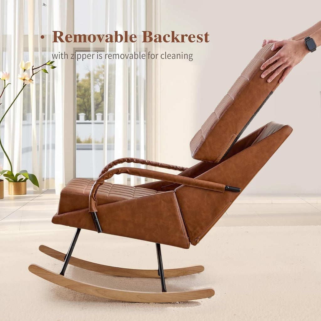 VECELO Rocking Chair Nursery, Over Size Leather Glider Rocker with High Backrest, Upholstered Removable Back, Brown