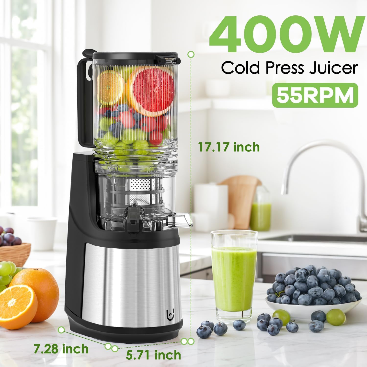 EanOruus Cold Press Juicer, 5.8' Wide Feed Chute Juice Extractor Machine with 400W, High Juice Yield, Slow Masticating Juicer for Whole Vegetables & Fruits, Gray-Stainless Steel