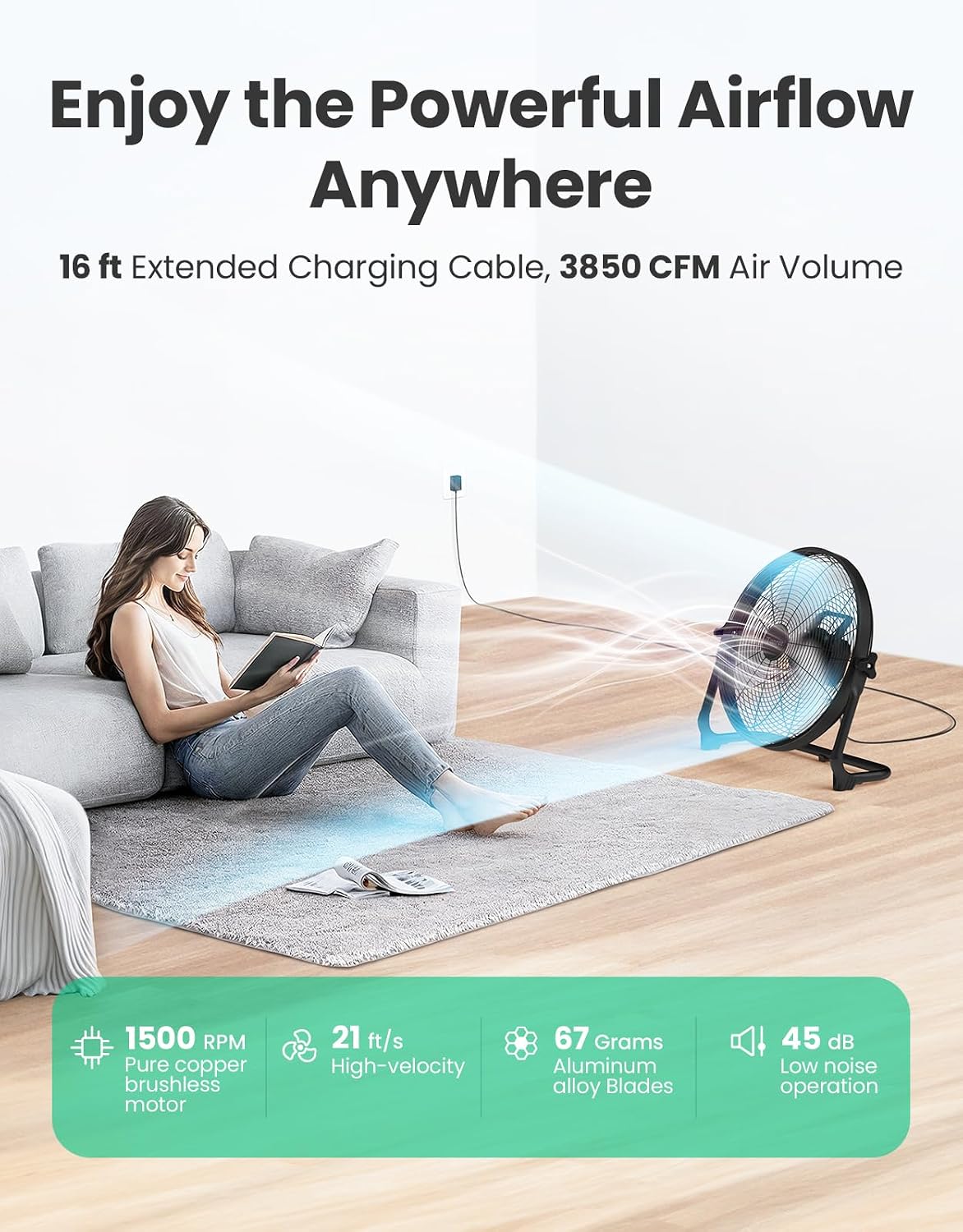 18' Portable Battery Operated Floor Fan, Hi-Velocity Rechargeable Cordless Fan, USB Phone Charge, 12-60H Runtime, Quiet, Wireless, Hi-Airflow, For Camping Home Gym Patio Outdoor Summer Gazebo