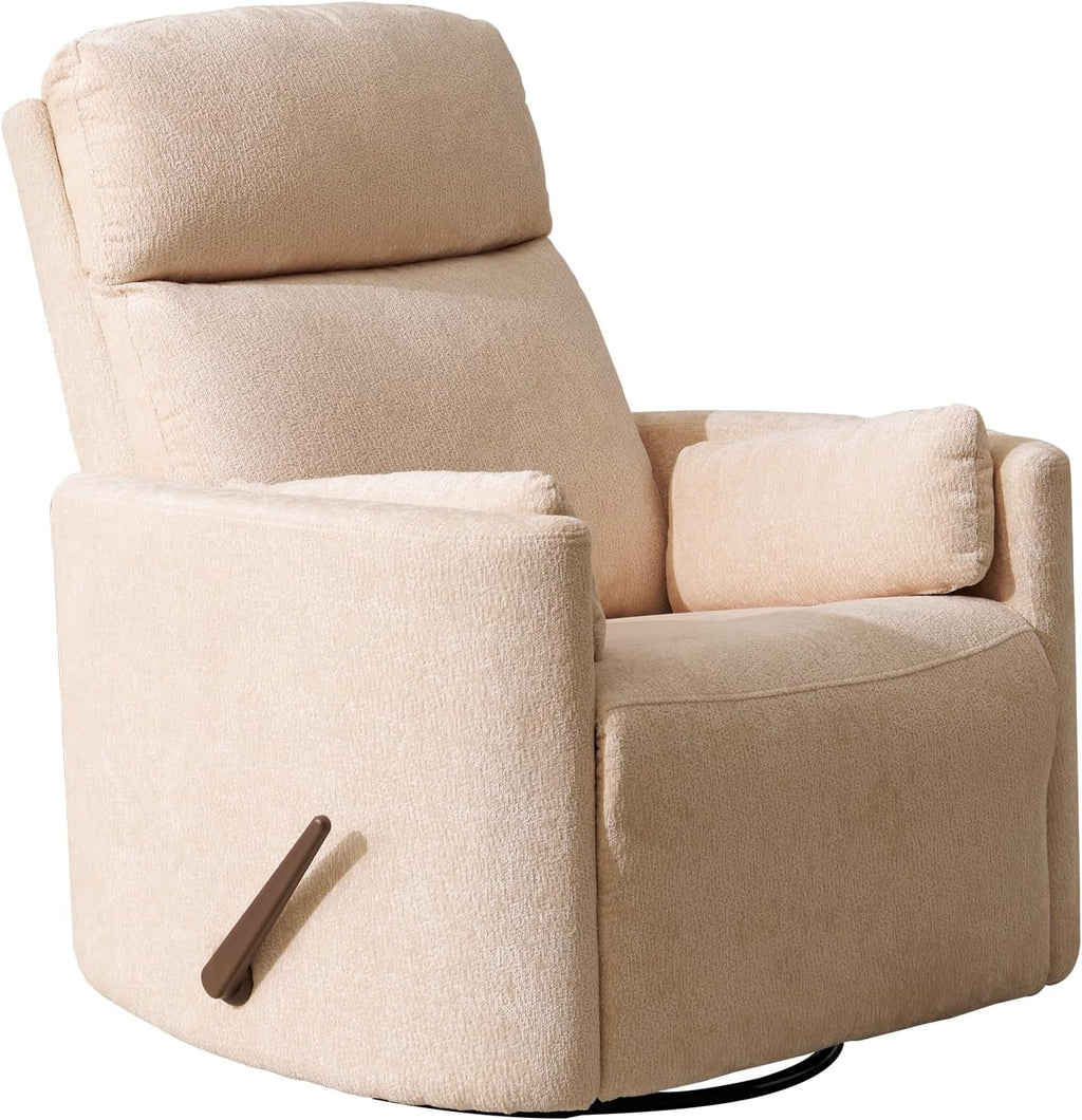 Oversized Swivel Rocker Recliner with Massage and Heat, Swivel Nursery Recliner With Adjustable Headrest, Manual Rocker Recliner Chair with Two Removable Pillows, High Back Barrel Armchair, Beige
