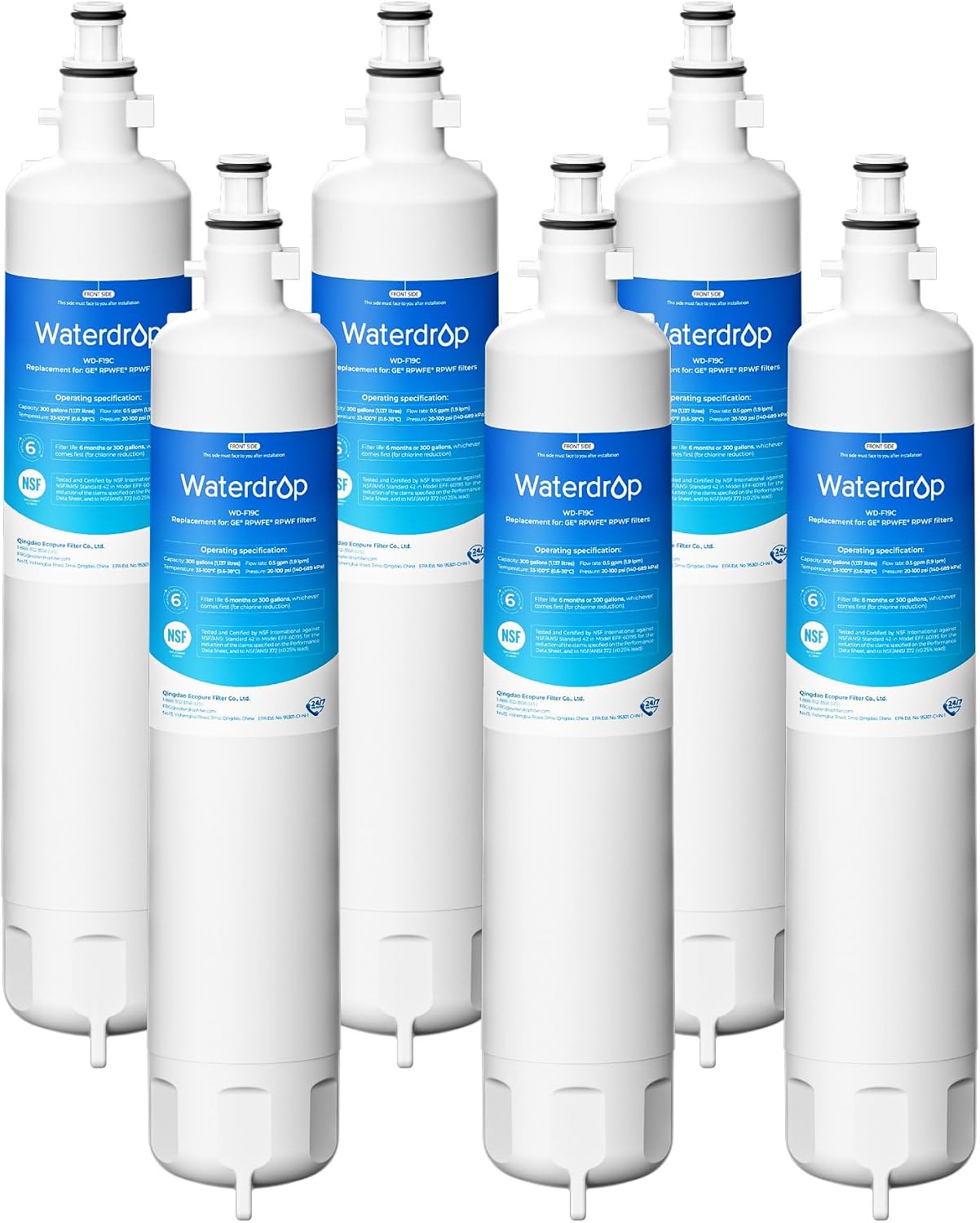 Waterdrop WD-F19C Replacement for GE® RPWFE®, RPWF (Built-in CHIP) Refrigerator Water Filter, Compatible with GFE28GYNFS, GFE28GELDS, PFE28KELDS, PFE28KYNFS, GFD28GELDS, PWE23KELDS, 6 Filters