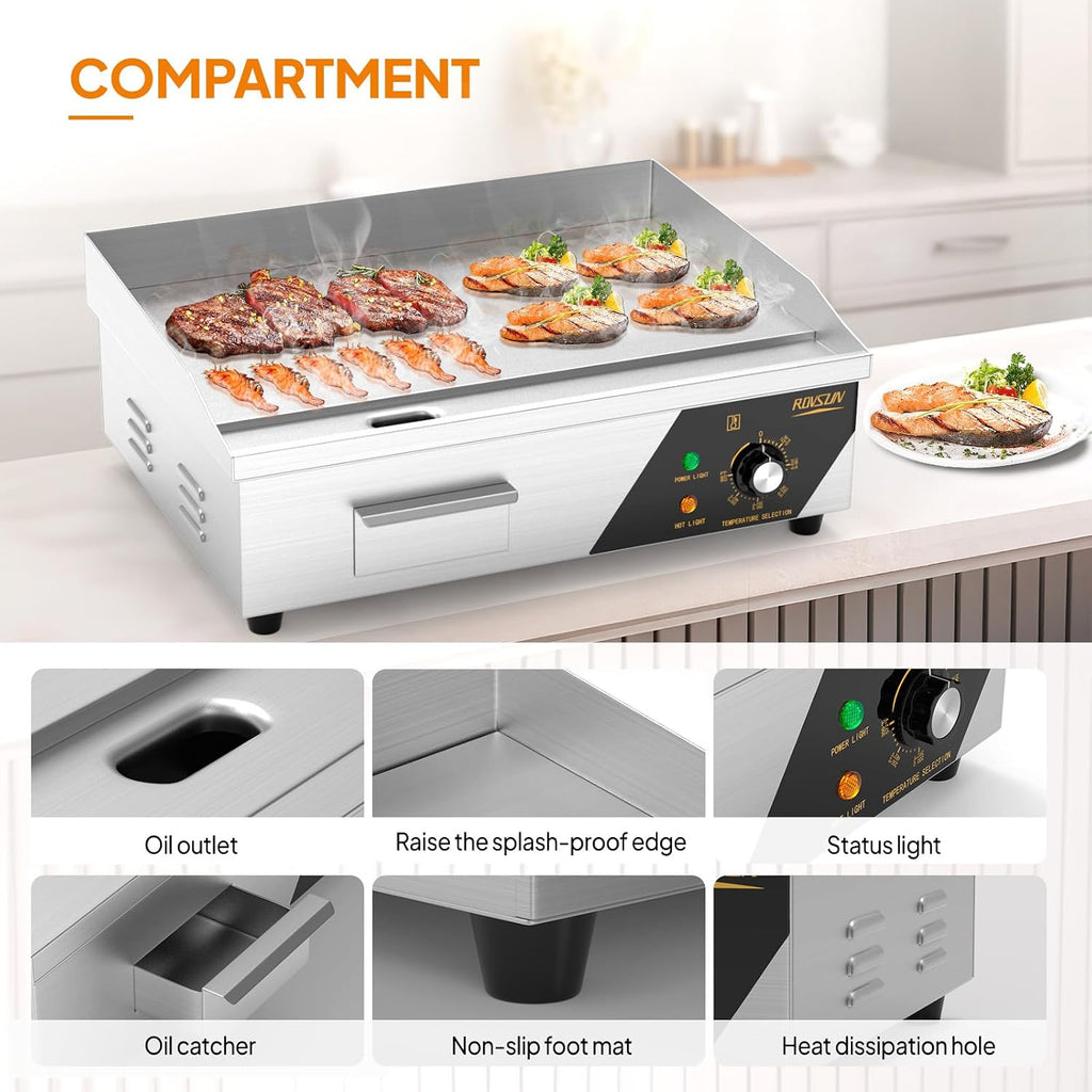 ROVSUN 22' Electric Countertop Flat Top Griddle, 1600W Electric Griddle, Teppanyaki Grill Stainless Steel with Adjustable Temperature Control 122°F-572°F for Home Restaurant Commercial
