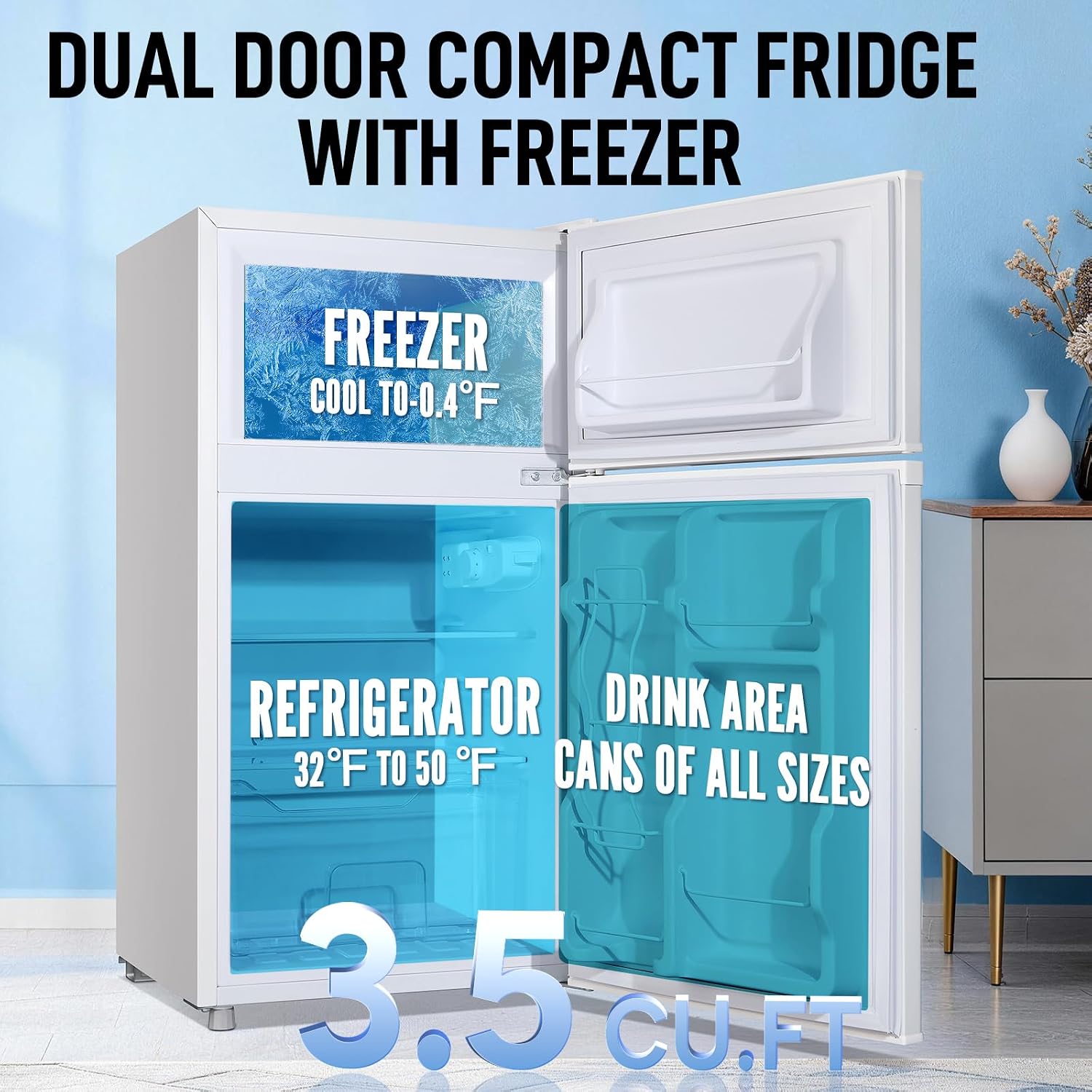 WANAI Mini Fridge with Freezer, 3.5 CU.FT Small Refrigerator with 2 Door & 7 Gear Mechanical Control & Side Bottle Rack, LED Light, Ideal for Dorm, Kitchen, Apartment, Office, White