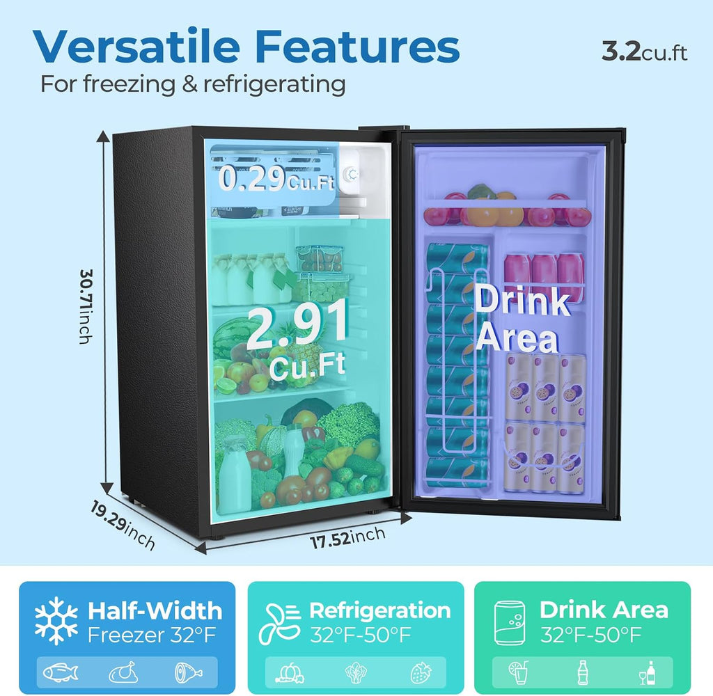Electactic 3.2 Cu.ft Mini Fridge with Freezer, Compact Refrigerator with Reversible Single Door, Adjustable Thermostat, Low Noise, Energy Efficient for Office, Dorm, Bedroom, Apartment