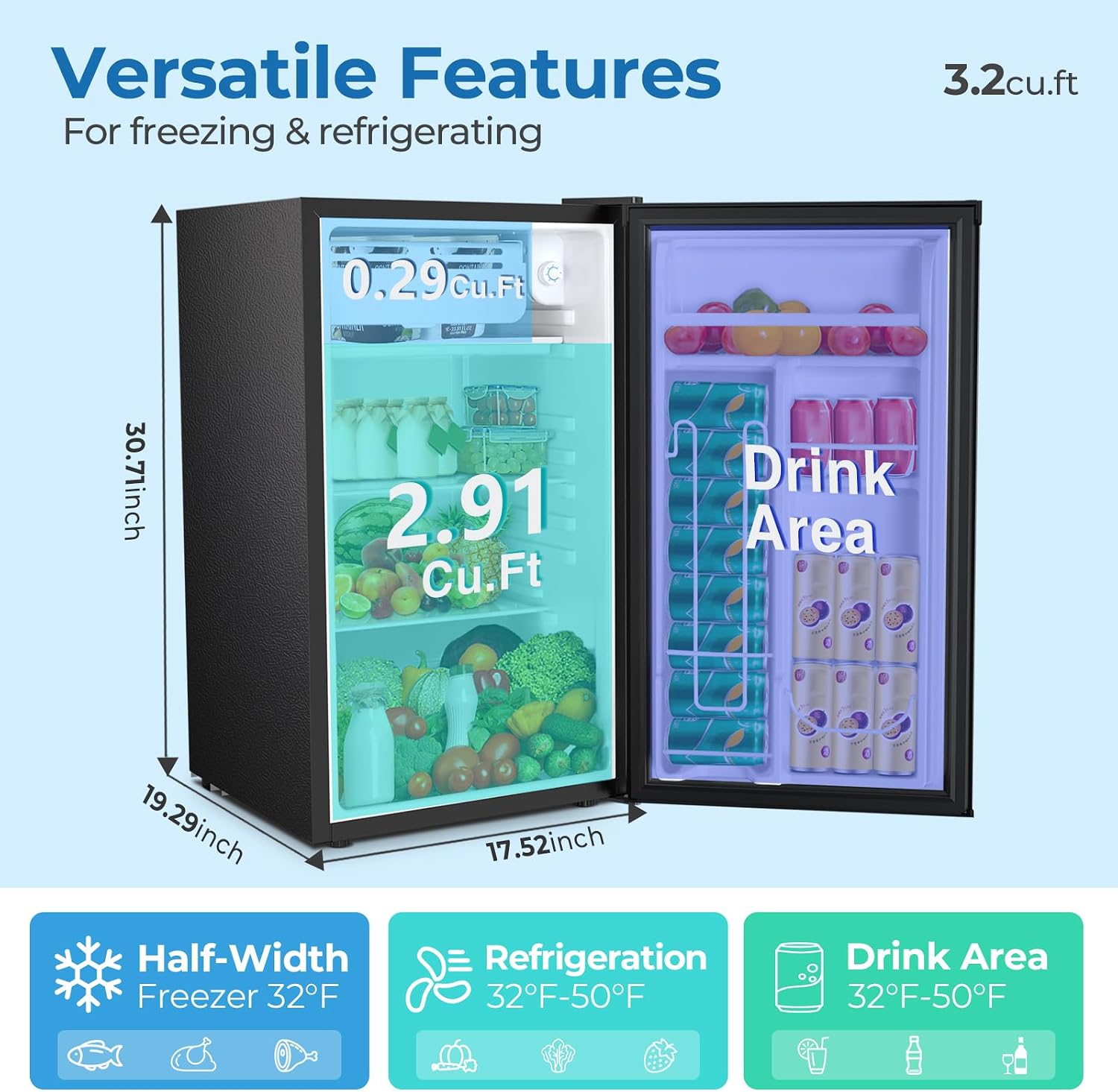 Electactic 3.2 Cu.ft Mini Fridge with Freezer, Compact Refrigerator with Reversible Single Door, Adjustable Thermostat, Low Noise, Energy Efficient for Office, Dorm, Bedroom, Apartment
