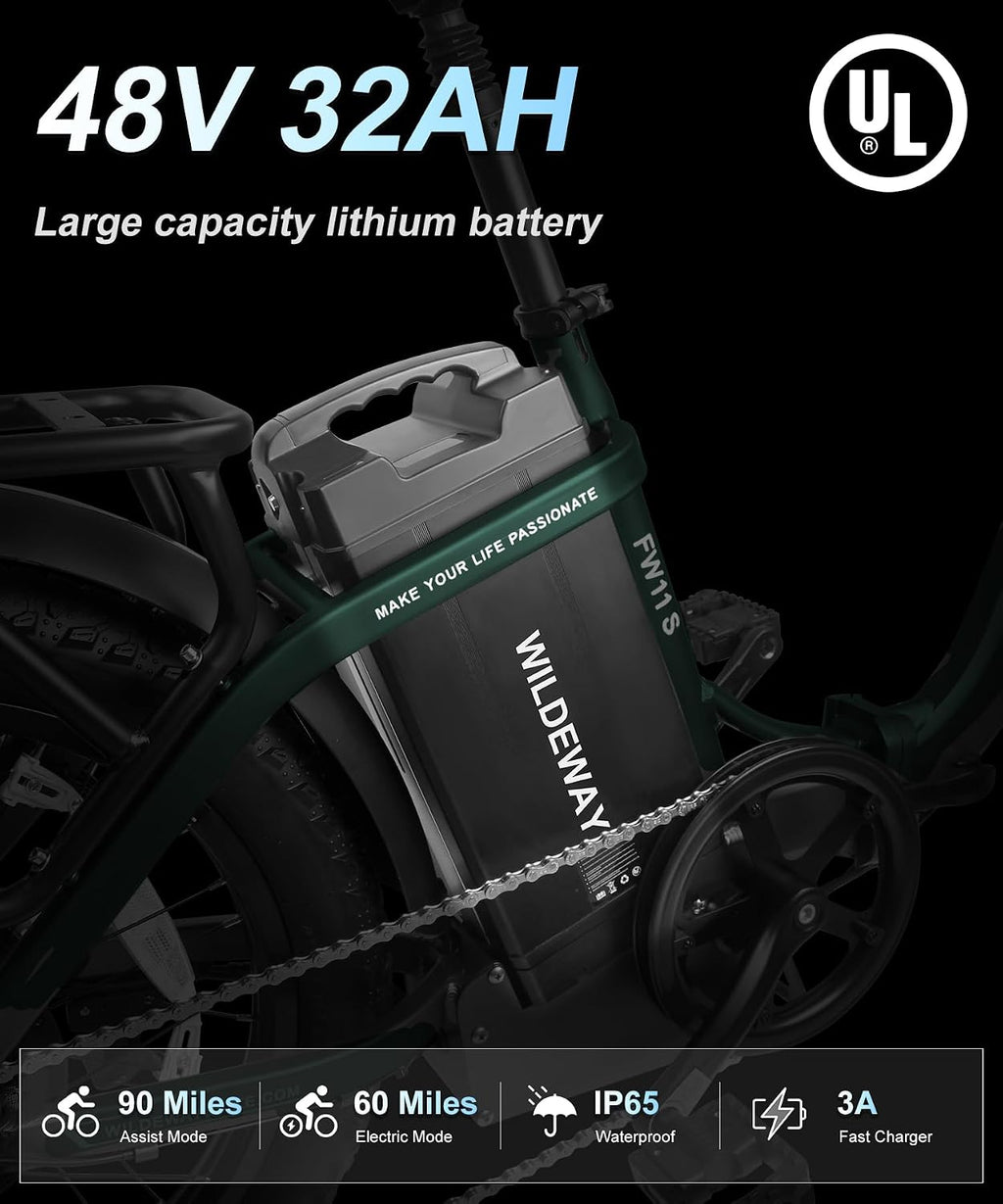 Wildeway Folding Electric Bike for Adults with 750W Motor 32Ah Battery Long Range FW11 Ebike 20 * 3.0 Fat Tire Foldable Adults Electric Bicycle for Men Women City Commuter Delivery 2 Seat