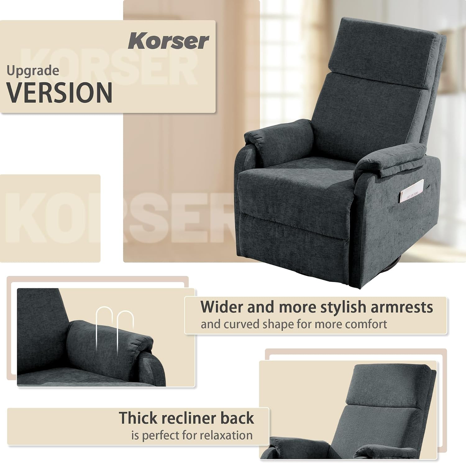 Korser Recliner Chair, Swivel Rocking Recliner Chair for Adults, Glider Rocking Chair, Small Nursery Chair Recliner for Living Room, Reclining Chair with Modern-Designed Armrests,Chenille,Darkgrey