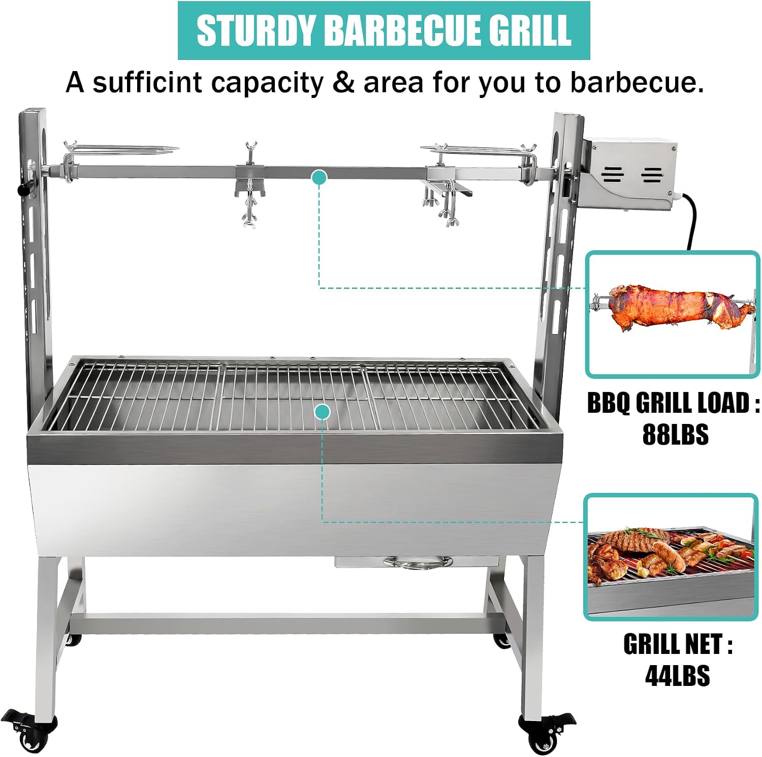 25w 37in Electric Rotisserie Grill Portable 132lbs Portable Stainless Steel Rotisserie Grill Roster With Wheels, Motor, Wind Baffle For Pig Chicken Lamb Rotisseries Roasting Machine