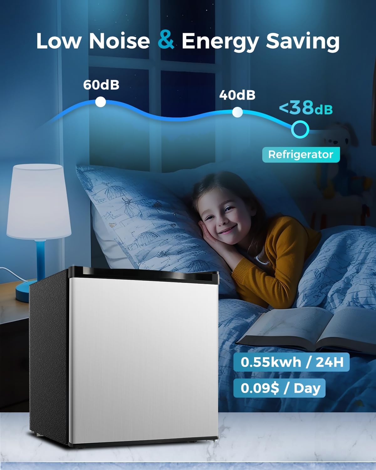 Feelfunn Mini Fridge with Freezer - 1.7 Cu.Ft Single Door Mini Refrigerator with Adjustable Thermostat, Low Noise, Energy Saving, Small Fridge for Bedroom, Apartment, Dorm, Classroom, Office - Silver