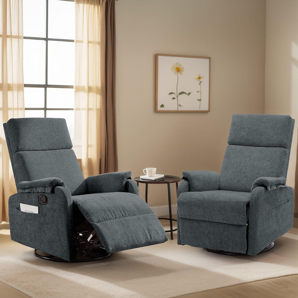 Korser Recliner Chair, Swivel Rocking Recliner Chair for Adults, Glider Rocking Chair, Small Nursery Chair Recliner for Living Room, Reclining Chair with Modern-Designed Armrests,Chenille,Darkgrey