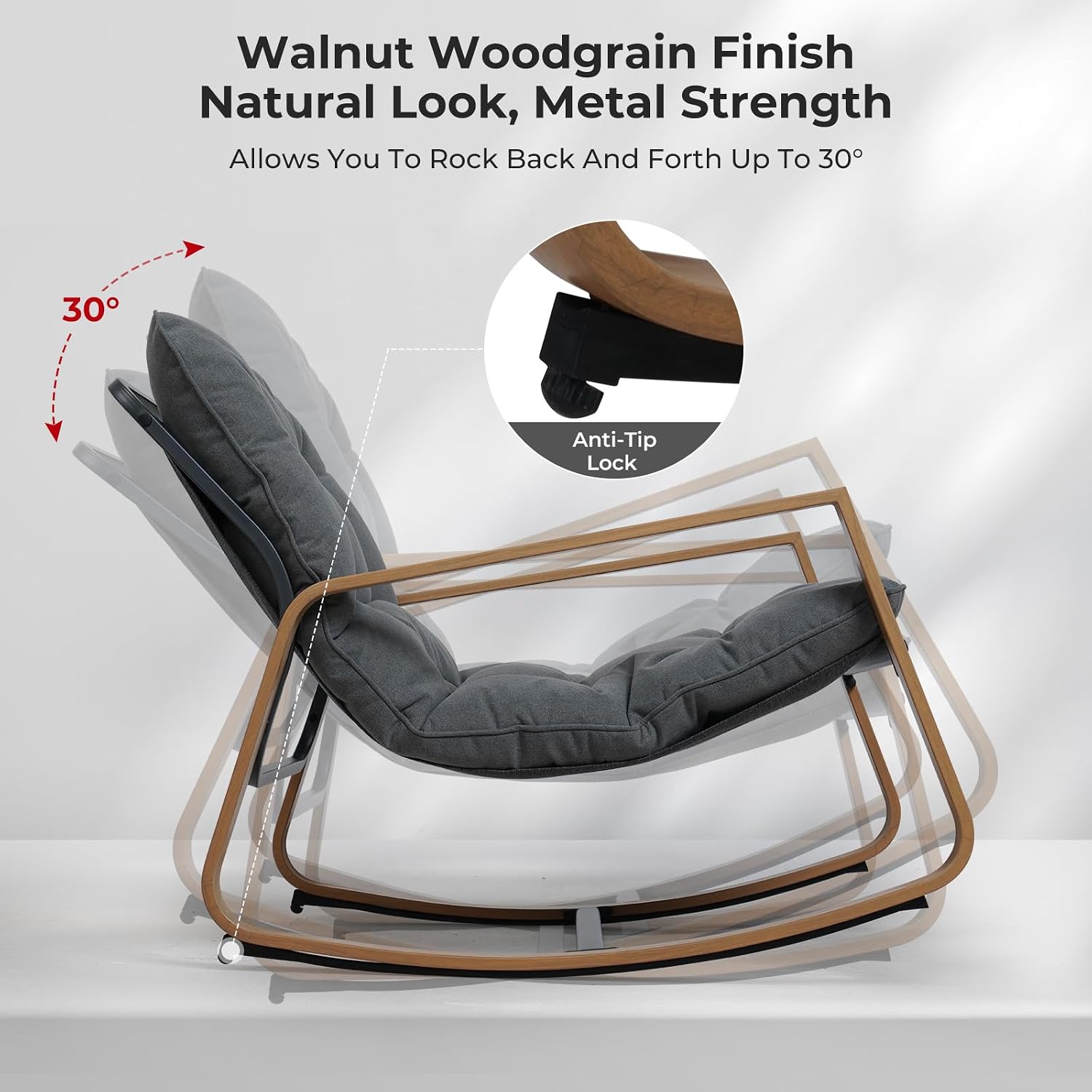 Grand patio Outdoor Rocking Chair, Modern Patio Rocking Chair, 30° Smooth Gliding Motion,Comfortable Padded Seat-Easy Assembly, Living Room, Balcony, Porch, Patio, Garden, Lawn -Dark Grey