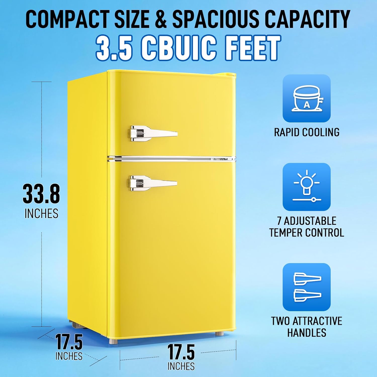 WANAI 2 Door 2 Handle Mini Refrigerator with Freezer-on-top, Spacious 3.5 Cubic Feet Capacity Small Fridge with 7-Level Adjustable Thermostat & 2 Removable Shelves Yellow