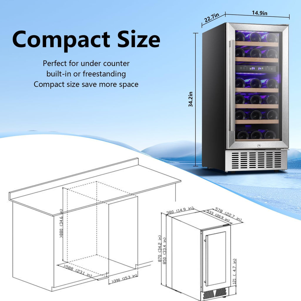 Antarctic Star Wine Fridge,15 Inch Wine Cooler Refrigerator Under Counter(41-68°F),28 Bottles Built-in Dual Zone &Freestanding Wine Refrigerator with Stainless Steel & Double-Layer Tempered Glass Door