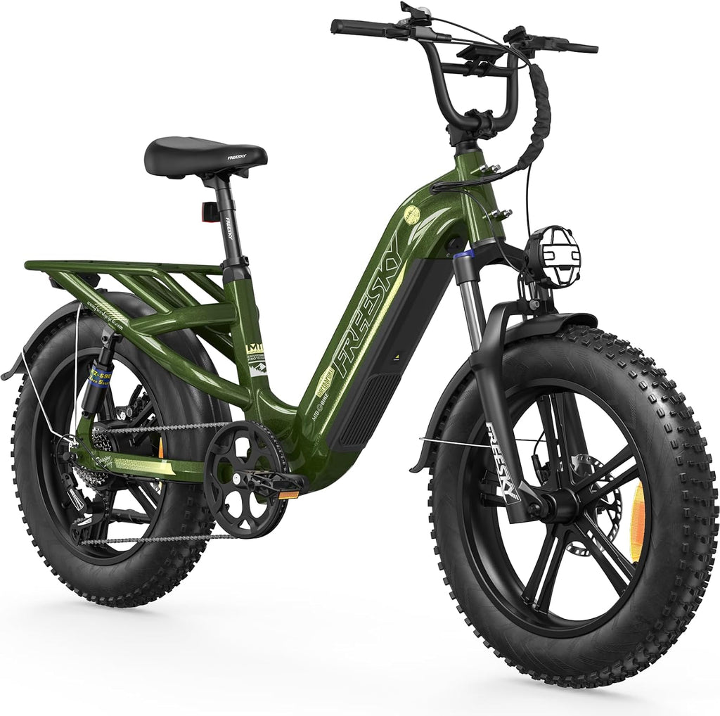 FREESKY 2026 Upgraded Rocky Pro Torque Sensor Electric Bike for Adults, 48V 25Ah Samsung Cells Battery, 105 Miles Range, 33MPH Fat Tire Step-Thru E Bike, 20' Full Suspension Cargo Bicycles, 8-Speeds