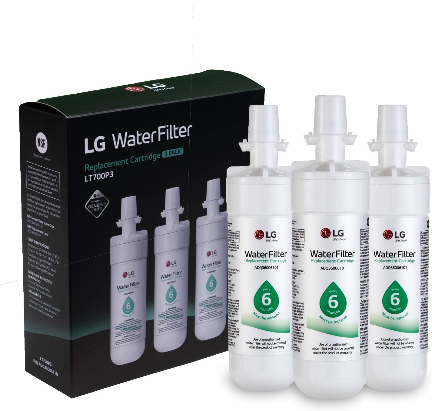 LG LT700P LT700P3 Refrigerator Water Filter, 3 Count (Pack of 1), White