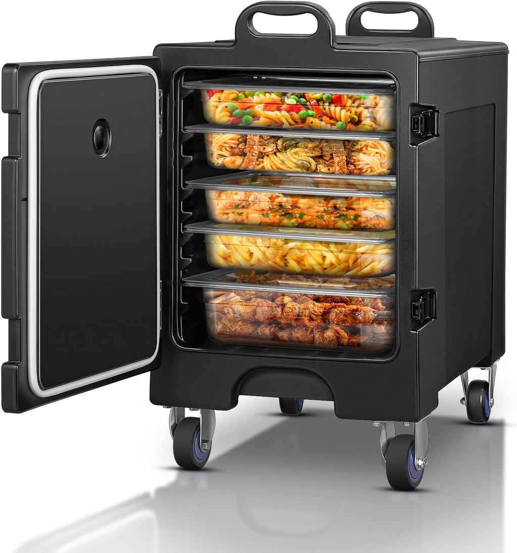 Catering Food Warmer w/Wheels, 82QT Insulated Food Pan Carrier, LLDPE Food Warmer Box for 5 Full-Size Pan, Stackable, Front Loading Food Box Carrier w/Handles, Hot Boxes for Catering,Party