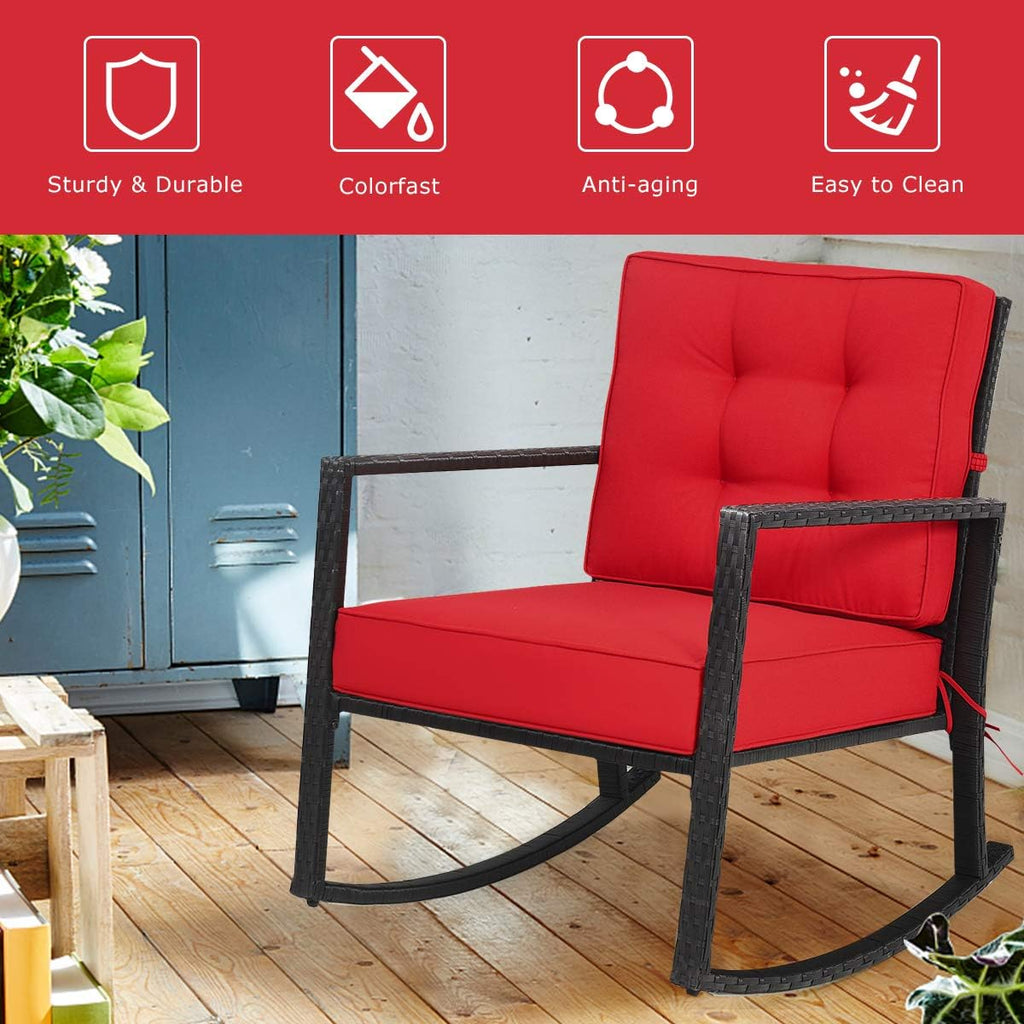 Tangkula Wicker Rocking Chair, Outdoor Glider Rattan Rocker Chair with Heavy-Duty Steel Frame, Patio Wicker Furniture Seat with 5' Thick Cushion for Garden, Porch, Backyard, Poolside (2, Red)