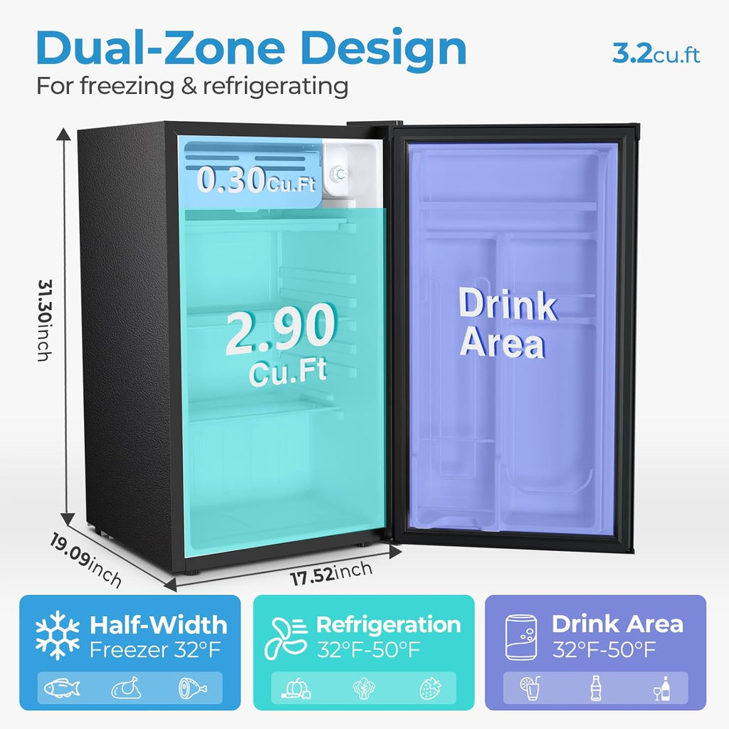 Antarctic Star 3.2 Cu.Ft. Mini Fridge with Freezer, Small Refrigerators with Adjustable Thermostat, Low Noise, Energy Saving, Compact Refrigerators for College Dorm, Office, Bedroom, Apartment, Black