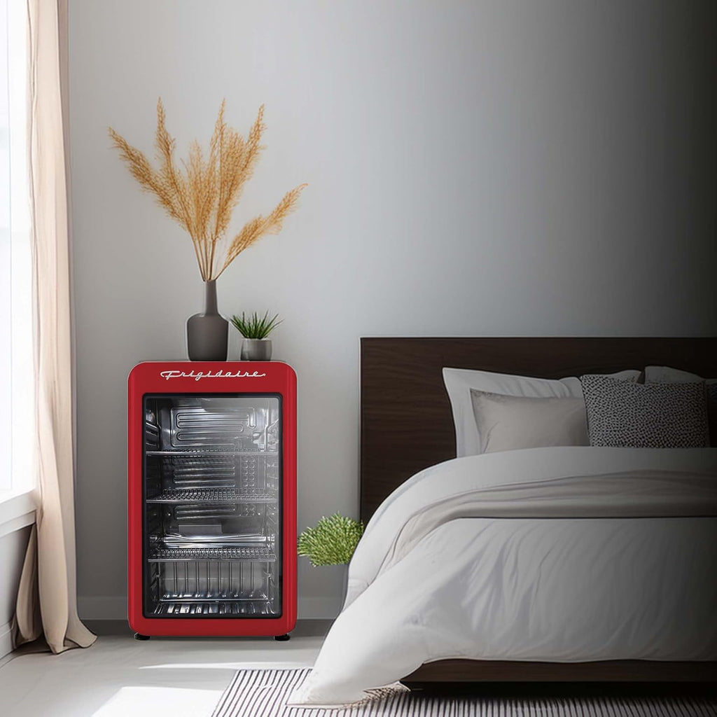 Frigidaire Retro Compact Refrigerator with Glass Door, 3.2 cu ft Countertop Fridge, Rounded Corners, Premium, for Office, Bedroom, Dorm Room, Cabin
