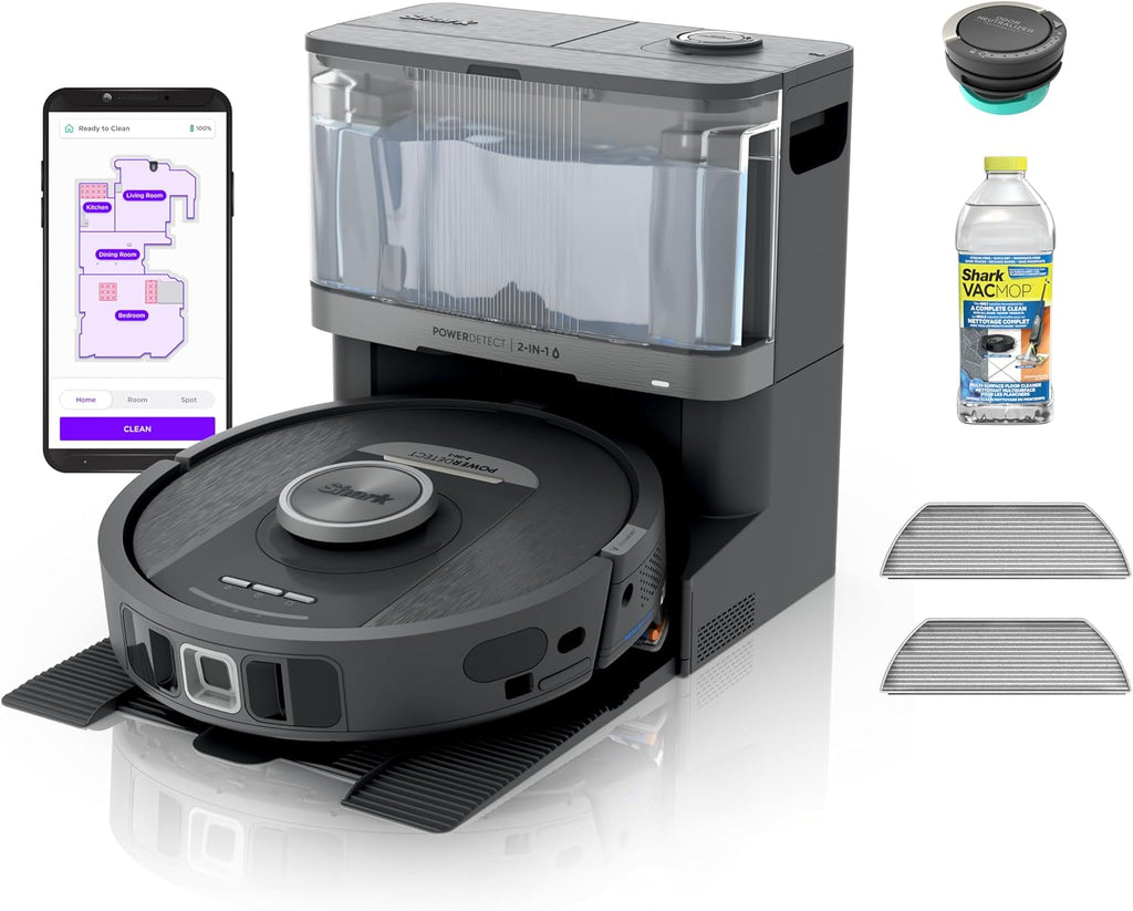 Shark Robot Vacuum & Mop Combo, NeverTouch Self-Emptying & Refilling Base, Carpet & Hard Floors, 60-Day Debris Capacity, 30-Day Water Tank, Pad Drying, 5 Intelligent Cleaning Technologies, RV2820YE
