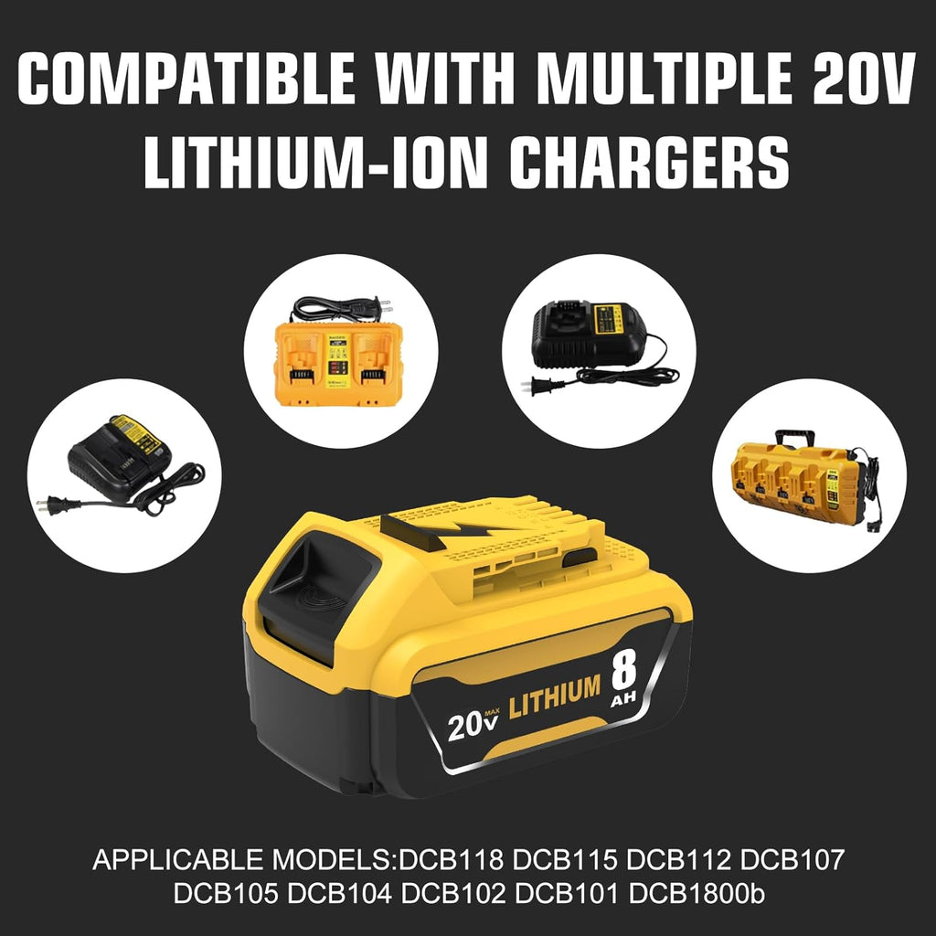 8-Pack Replacement for Dewalt 20V 8.0Ah Lithium-Ion Battery High Capacity 8,000mAh Replacement for DCB200/DCB201/DCB203/DCB206 Battery Compatible with Dewalt 20V Max Tools