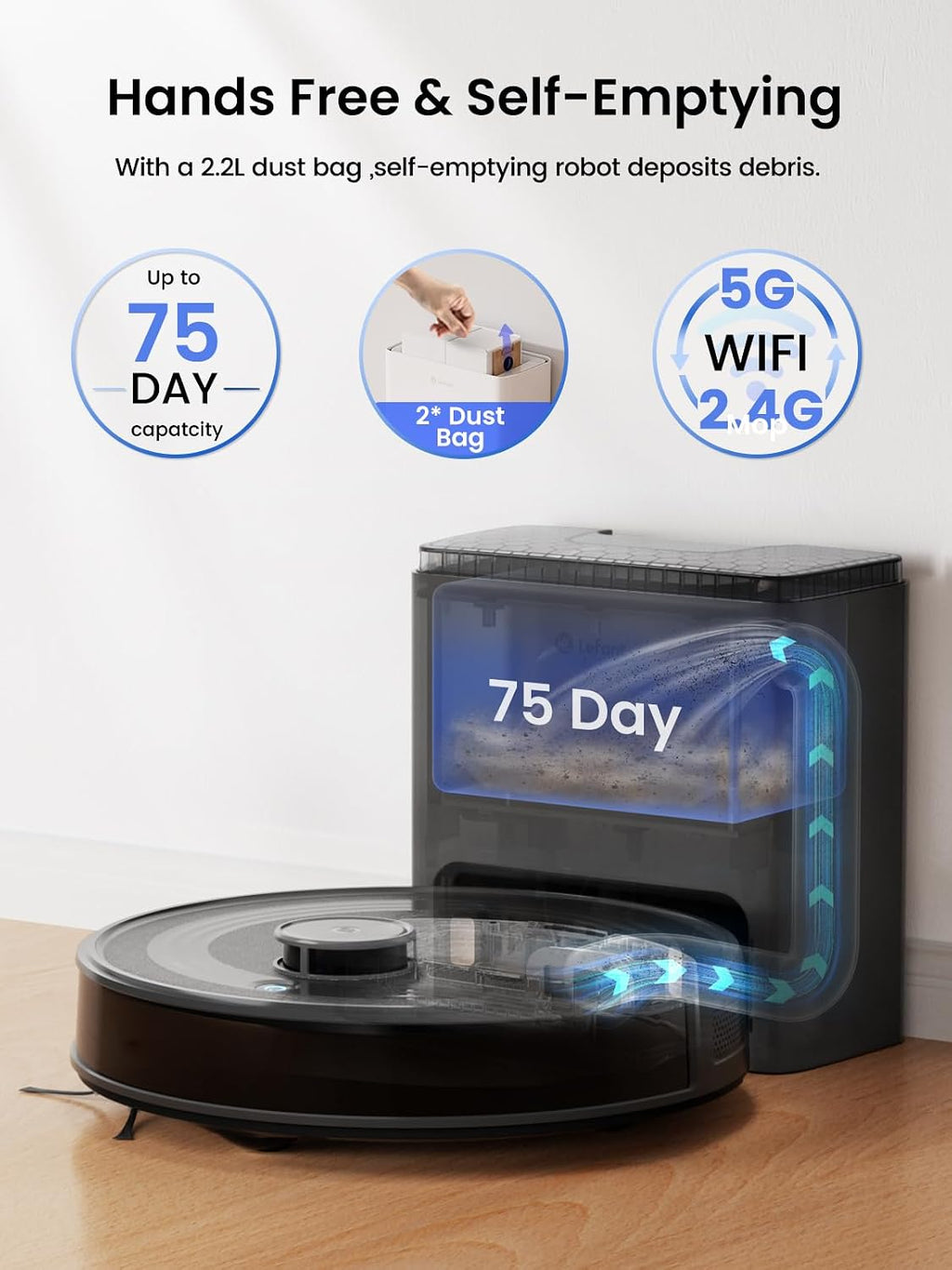 Lefant LiDAR Robot Vacuum Cleaner, 75 Day Self Emptying Robotic Vacuum and Mop,Multi-Floor Mapping，Roller Brush for Carpe， M2 Plus Black