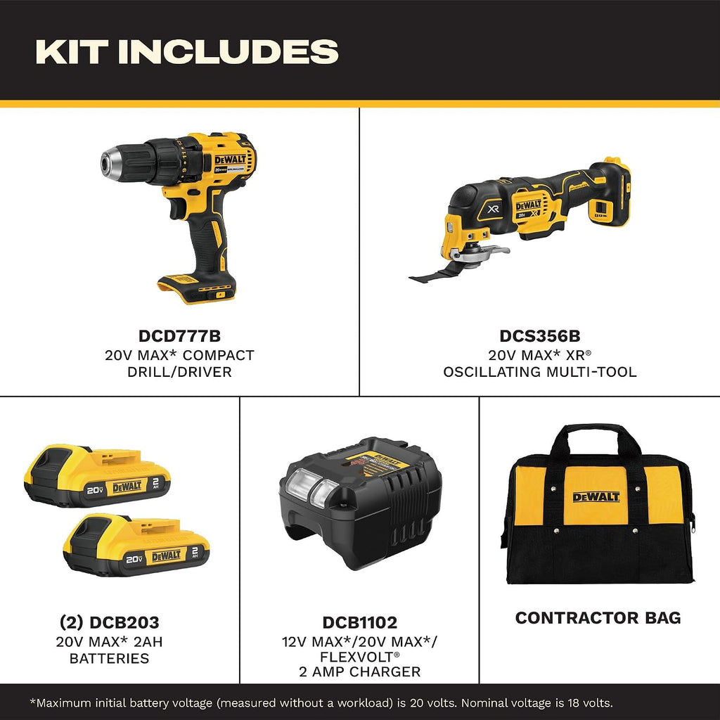 DEWALT 20V MAX Cordless Drill Driver and Oscillating Multi-Tool Combo Kit with 2 x 2 Ah Batteries and Charger, Blade and Workbag (DCK251D2)