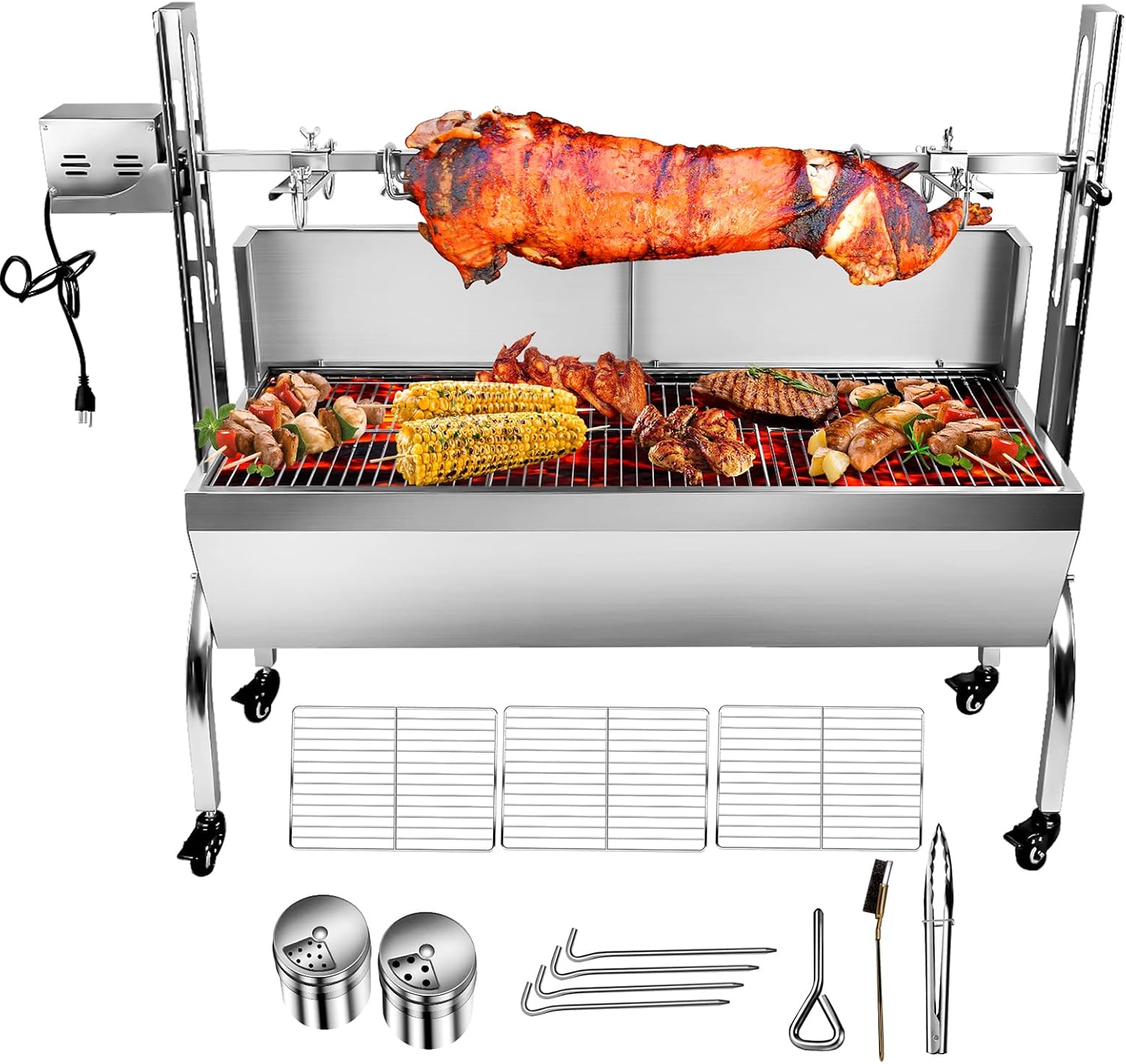 Stainless Steel Rotisserie Grill with Back Cover Guard, Electric 25W Motor Outdoor Cooking Spit Roaster, 48.7 Inch Rated 176 LBS BBQ Whole Pig Charcoal Grill Rotisserie Roaster System