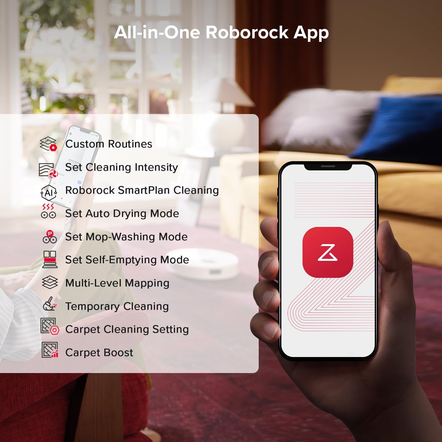 roborock Qrevo S5V Robot Vacuum and Mop, FlexiArm Edge Mopping, 12,000Pa Suction, Dual Zero-Tangle System, Smart Obstacle Avoidance, 10mm Mop Lifting, Auto Mop Washing & Warm Air Drying, White