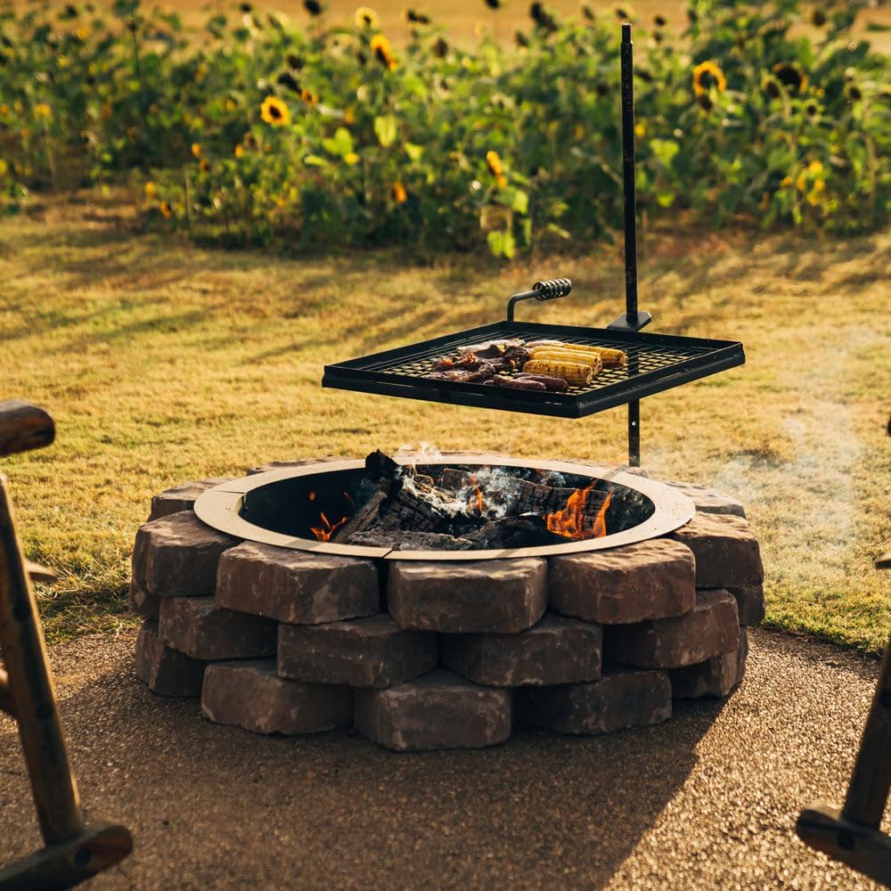 TITAN GREAT OUTDOORS Ash & Ember Adjustable Swivel Grill, Steel Mesh Wire Cooking Grate with Spike Pole, Open Fire Portable BBQ Camping Gear