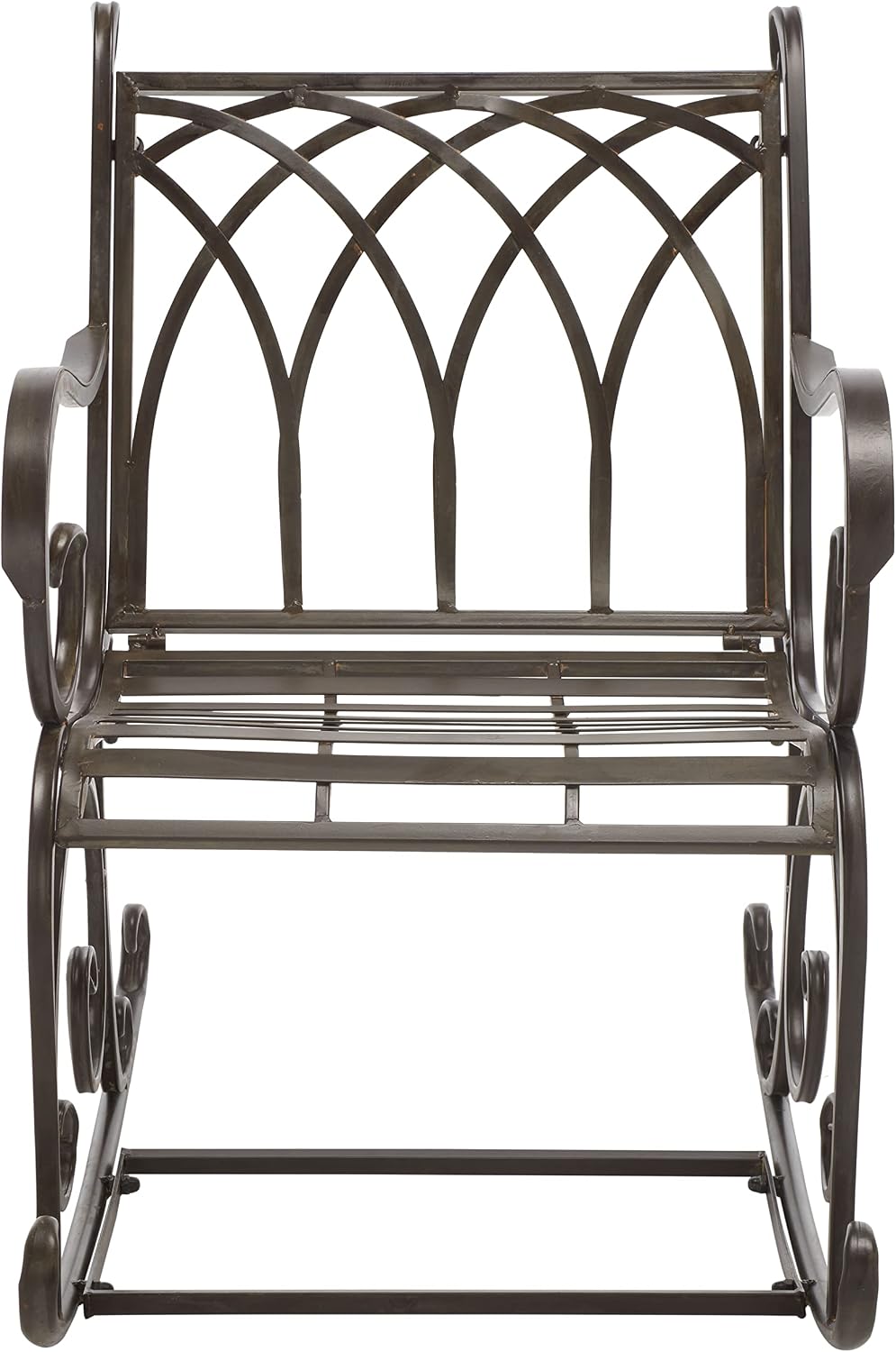 SAFAVIEH Outdoor - Medrano Iron Rocking Chair - Rustic Brown Iron Metal - Vintage Ornate Scrollwork Design - Ideal for Patio, Deck, Porch, Garden, 15' Seat Height (PAT5030B)