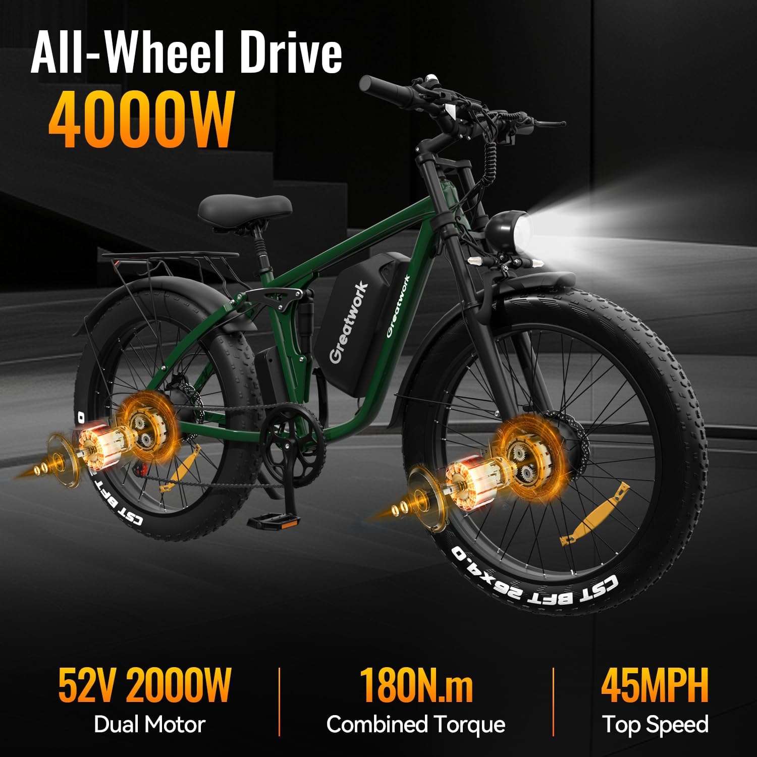 GREATWORK 52V 5000W Peak Dual Motor Electric Bike for Adults, 1300Wh Battery, Up to 45MPH & 100 Miles Range, 26' x 4.0 Fat Tire Electric Dirt Bike with Suspension, Mountain E-Bike for Men Women
