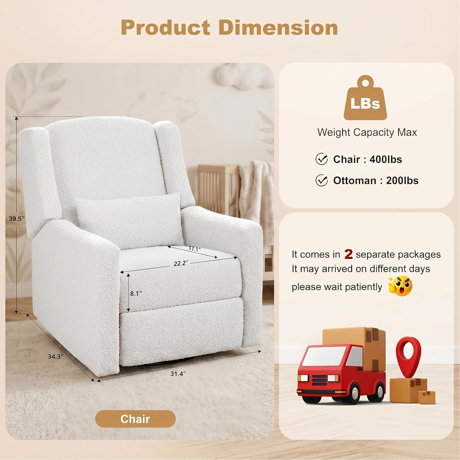 Power Nursery Rocking Chairs Set of 2, Skin-Friendly Teddy Fabric Nursery Recliner Chair Swivel Gilder, Power Nursing Chair for Adults with Waist Pillow, USB Charging,Beige