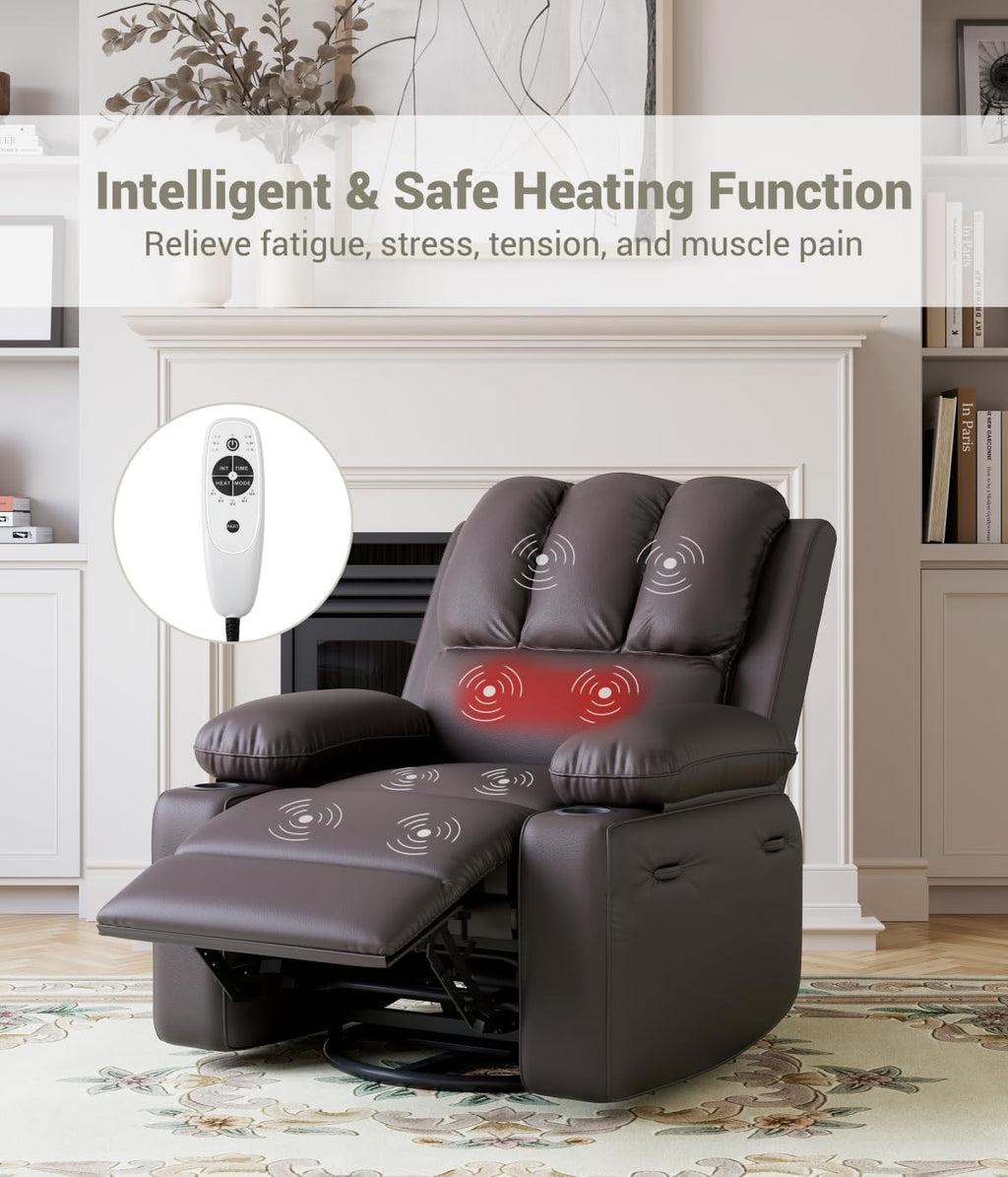 GarveeHome Oversized Power Recliner Chair with Heat and Massage - 360° Swivel Faux Leather Rocking Chair for Adults with Cup Holder for Living Rooms, Bedrooms, and Nurseries - Brown