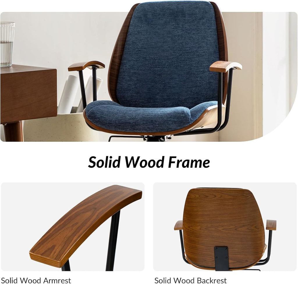 HULALA HOME Solid Wood Office Chair with Rocking Function, Comfy Fabric Desk Chair with Bent Wood and Metal Base, Height Adjustable Swivel Computer Task Chair, Navy